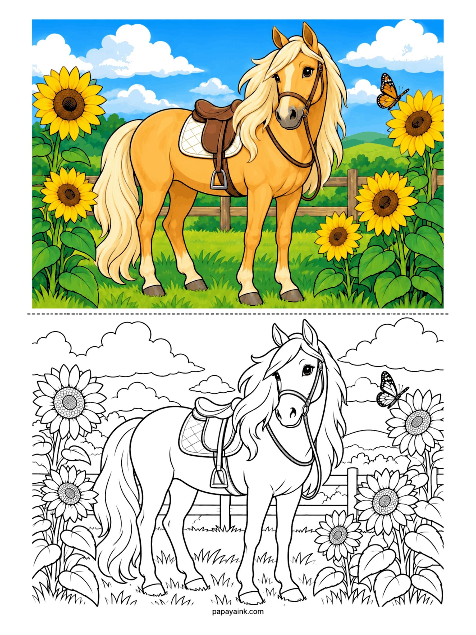 Horse Coloring Pages - Saddled and waiting in a sunflower patch, the palomino has company: a monarch butterfly checking whether the mane counts as a flower. A rail fence and soft hills keep it simple. Big blooms, big horse, flat blue sky - a quick, cheerful page.