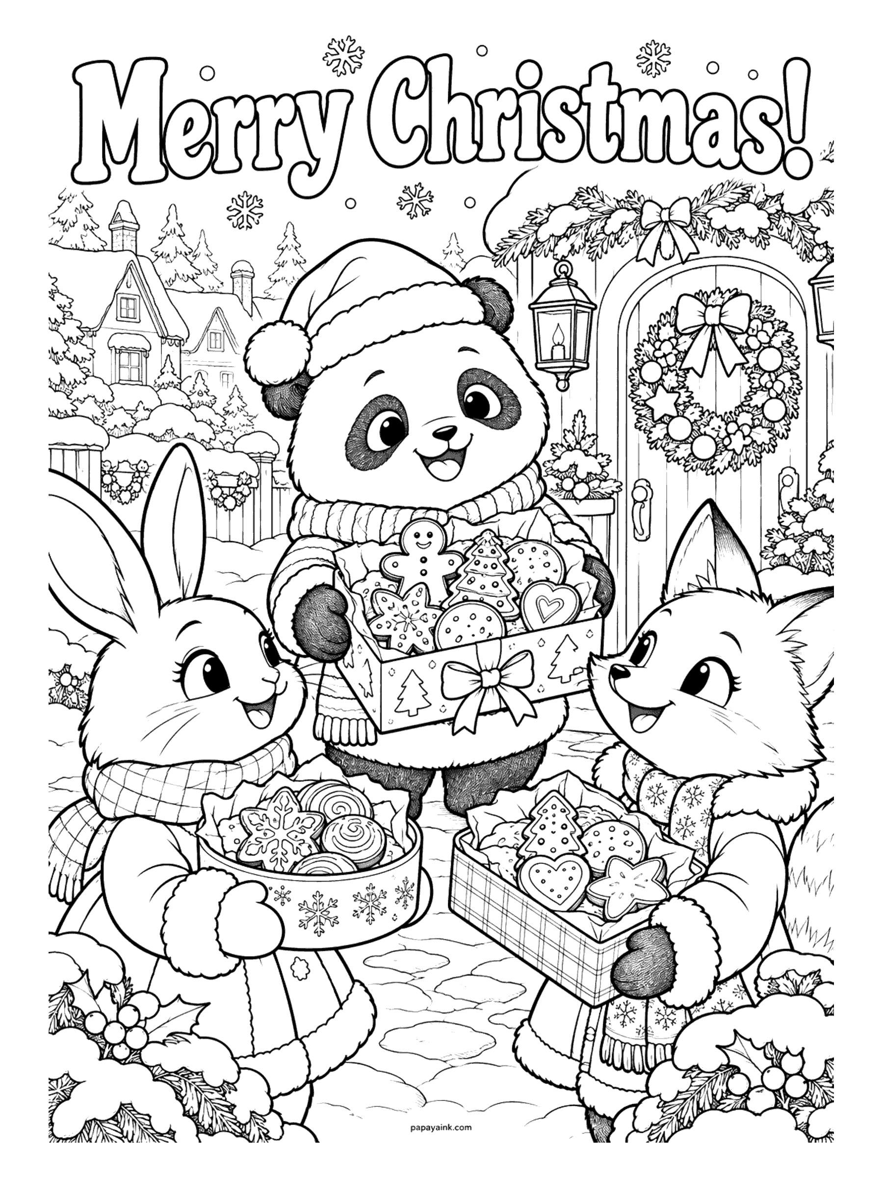 Merry Christmas Coloring Pages - A panda in a Santa hat, a bunny, and a fox in winter scarves share boxes of Christmas cookies in front of a wreath-decorated door.