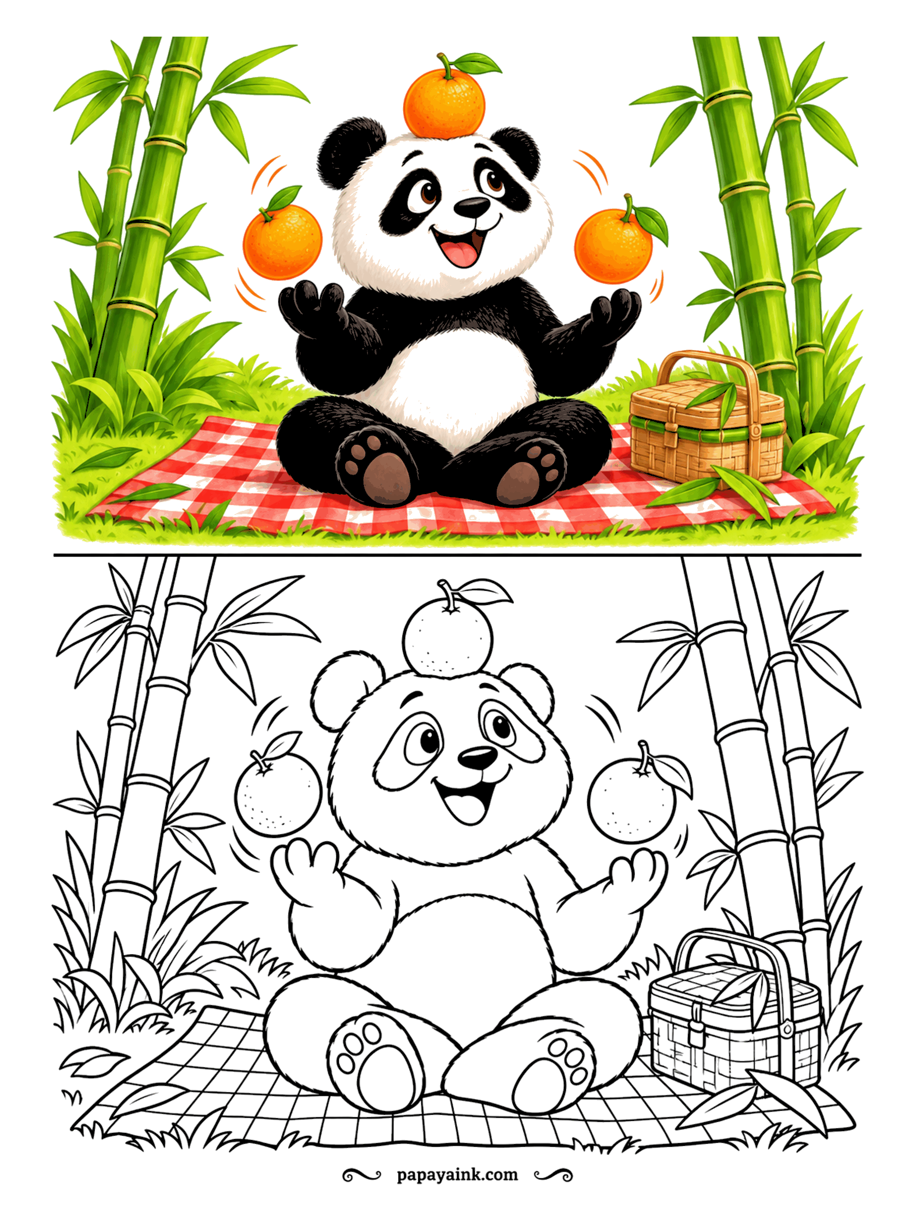 Copy Coloring Pages - Wild pandas eat bamboo almost all day, so a picnic with fruit is a treat. Three oranges are in the air above the blanket, a fourth sits balanced on the panda's head. Black and white is fixed; the bamboo and blanket are yours.