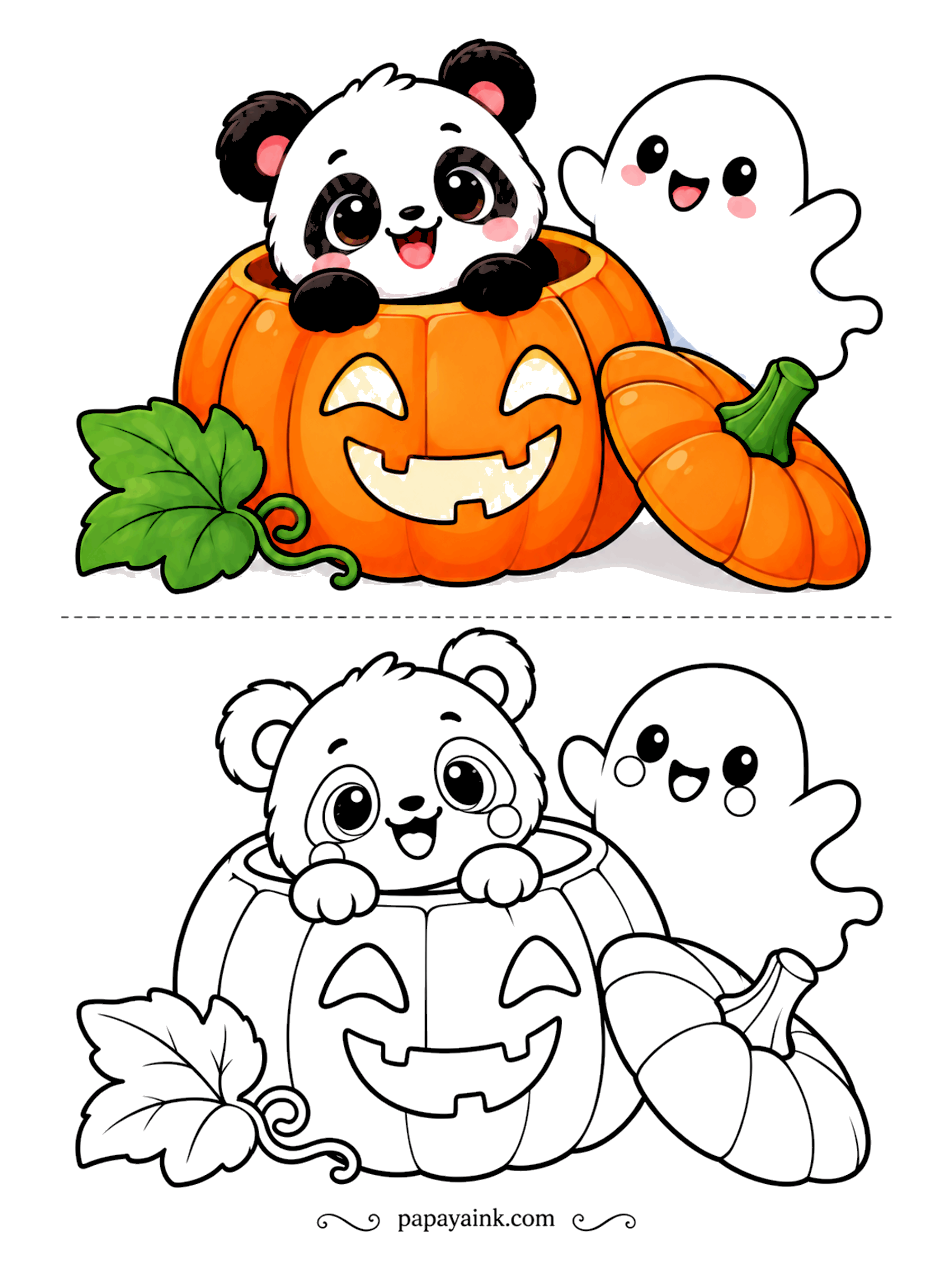 Easy Cute Halloween Coloring Pages - Peekaboo from inside a carved pumpkin: the panda cub pops up with its paws on the rim while a ghost floats in to see what the giggling is about. The black-and-white panda is a quick win on a mostly orange sheet.