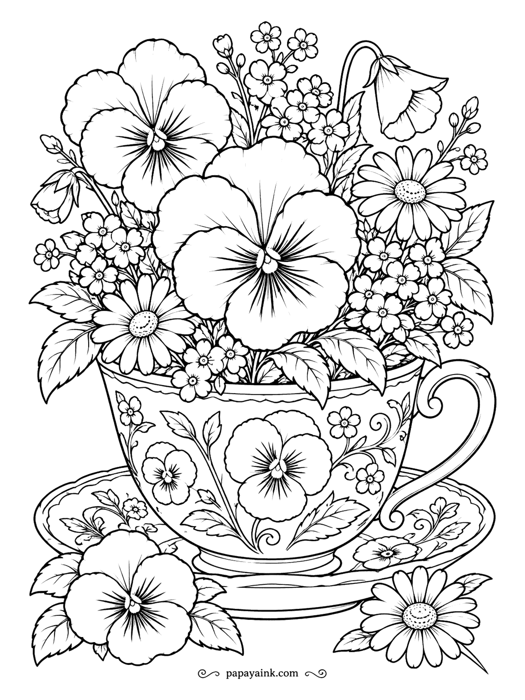 Flower Coloring Pages - A teacup turned vase: pansies, daisies and forget-me-nots spill over the rim, and the cup is painted with pansies too. Pansy faces look best with a dark center blotch and lighter edges. Detailed - lots of tiny blossoms.
