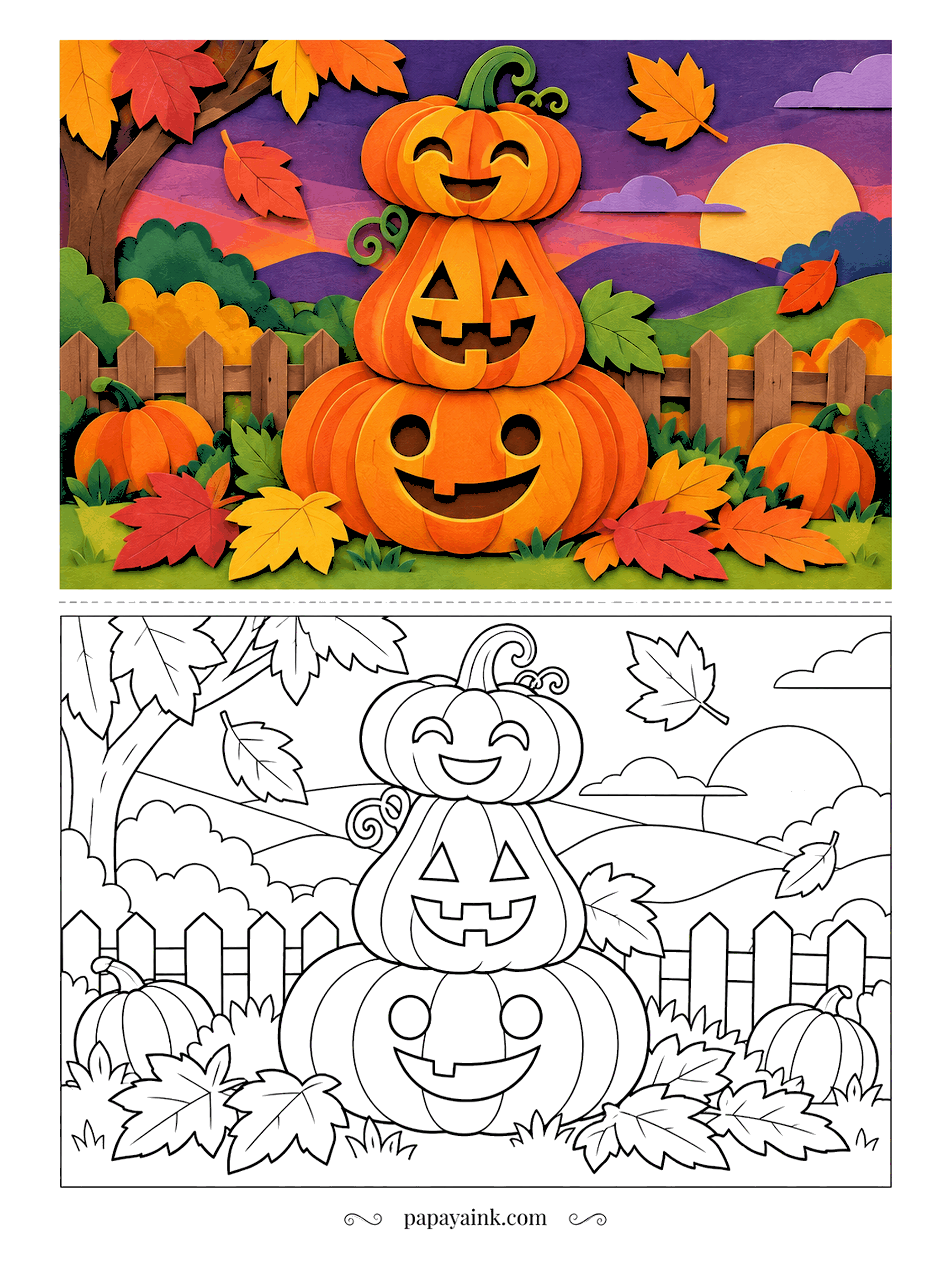 Pumpkin Coloring Pages - Three jack-o'-lanterns have stacked themselves into a wobbly tower, each face a little different from the one below. Layered paper leaves drift past the picket fence under a purple sunset. Flat cut-paper shapes, quick to fill.