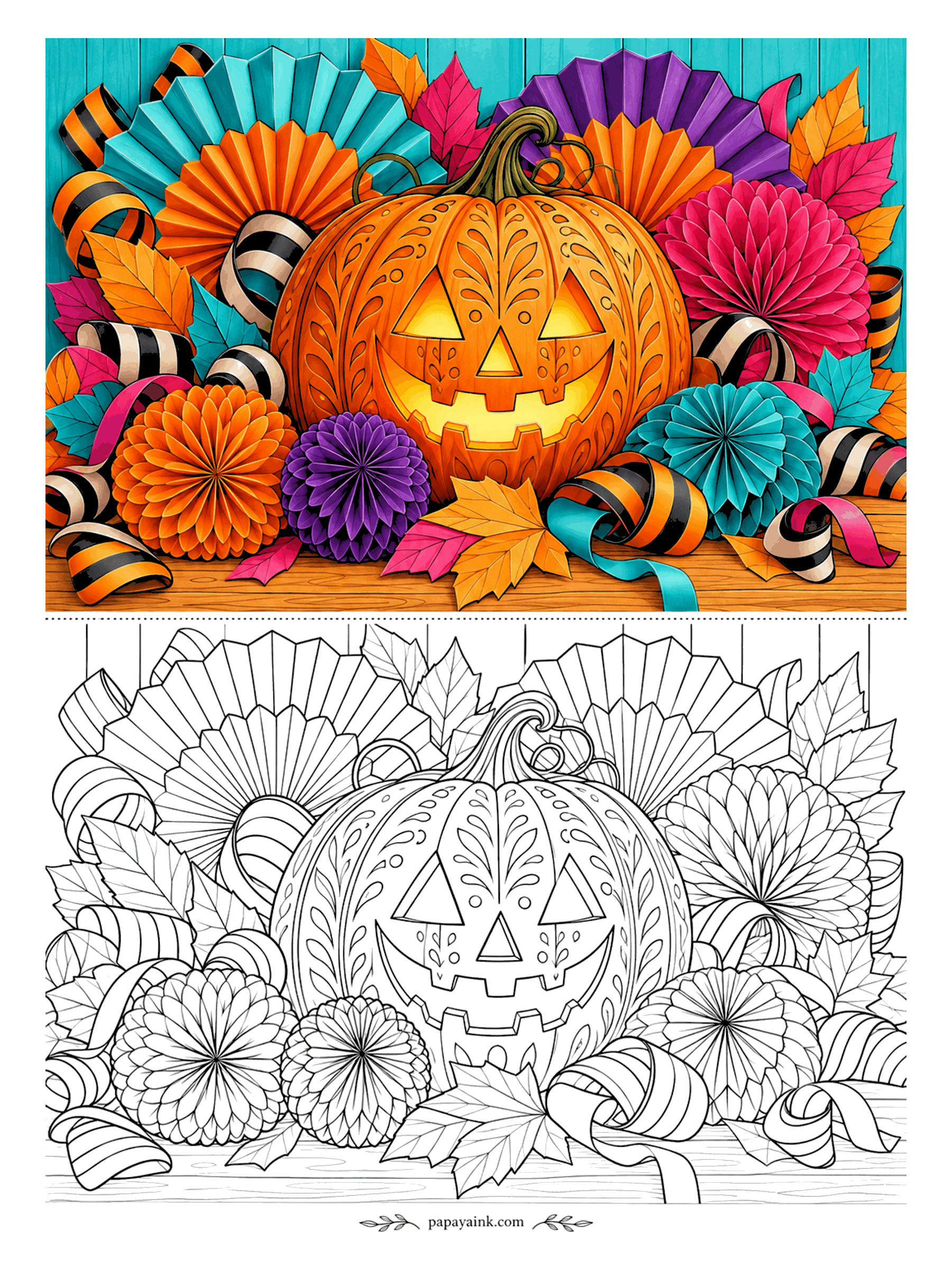 Halloween Coloring Pages for Adults - Paper fans, pinwheels and striped ribbon crowd around one carved pumpkin on a teal wall. A party-decor still life with big flat shapes and almost no fine detail. Bold, saturated markers suit it best; no blending required.