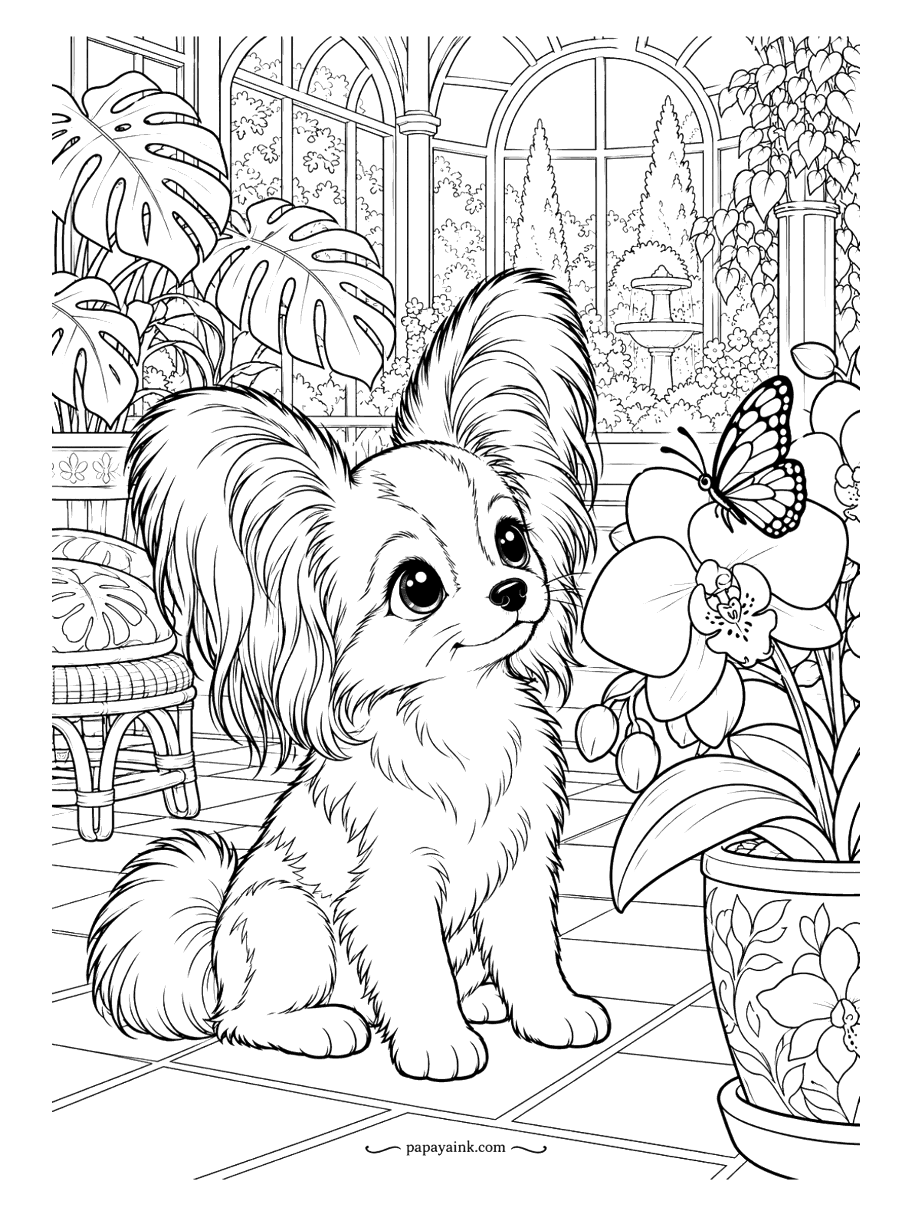 Puppy Coloring Pages - A butterfly lands on the orchid, and the Papillon puppy - whose own ears look like a pair of wings - watches without moving. Conservatory windows, monstera leaves and a wicker chair. Detailed - lots of leaf edges to follow.