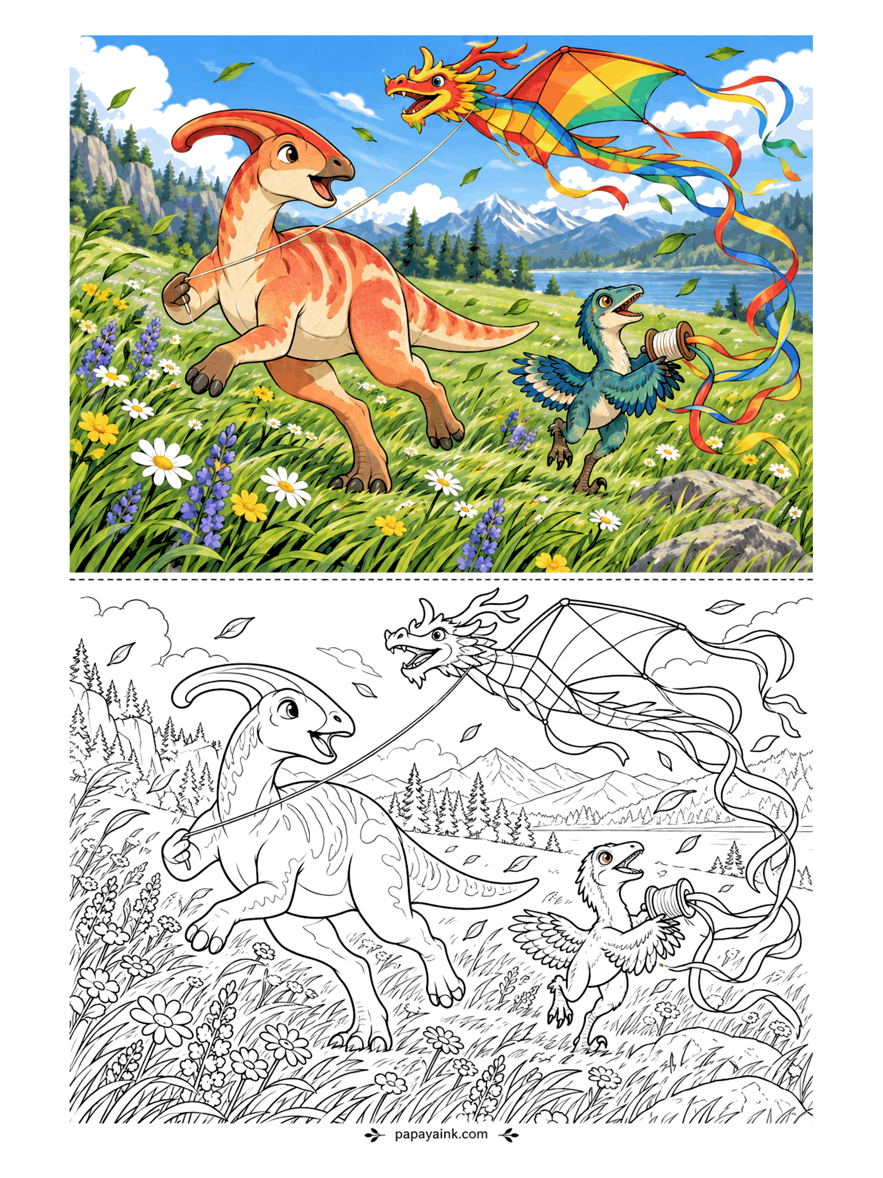 Cute Dinosaur Coloring Pages - A crested parasaurolophus races through a windy meadow with a dragon kite while a small feathered friend holds the spool. Flowing ribbons and wildflowers.