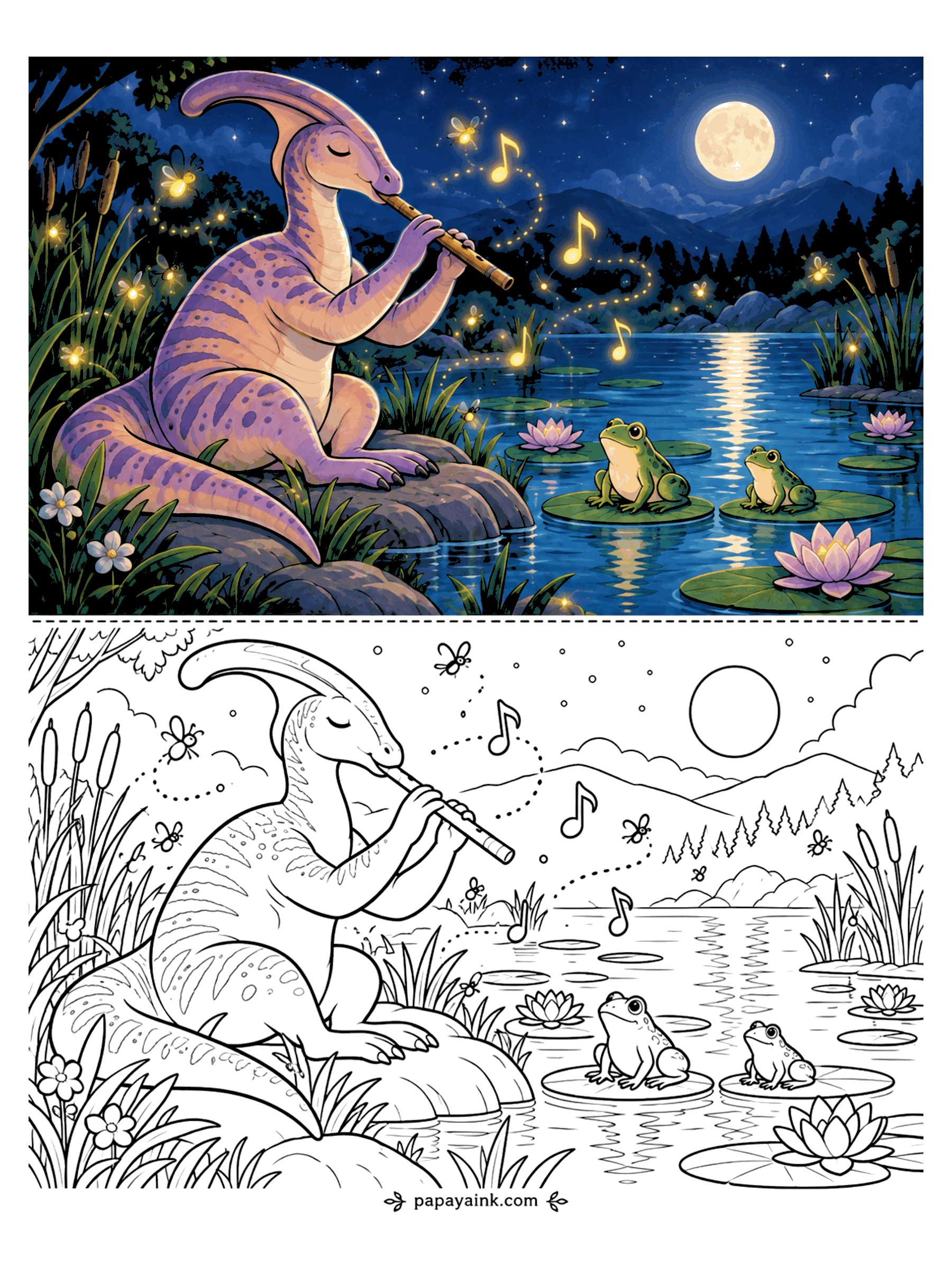 Cute Dinosaur Coloring Pages - A parasaurolophus plays the flute by a moonlit pond while frogs listen from the lily pads and fireflies carry the notes. A peaceful night scene.