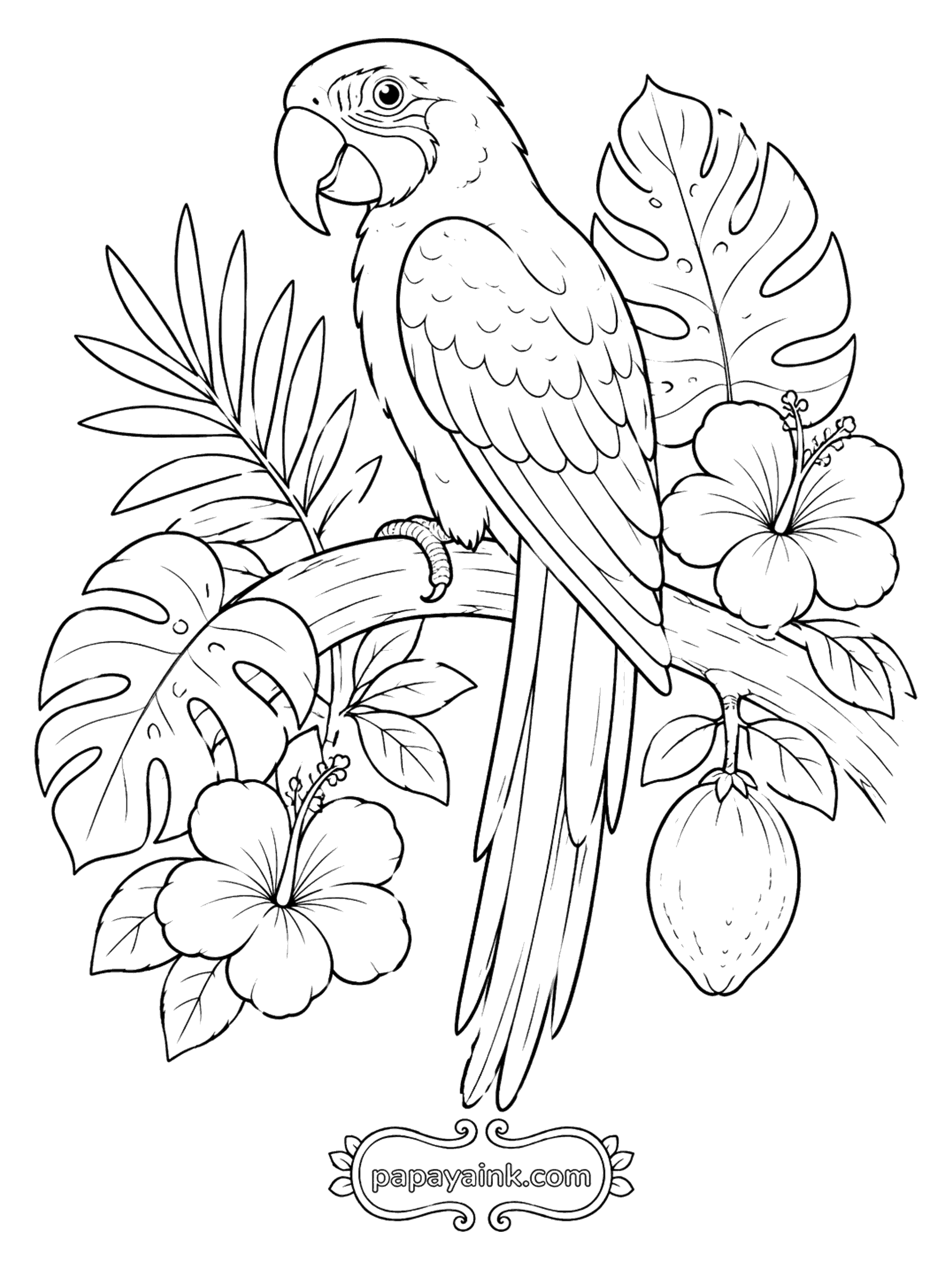 Bird Coloring Pages - Parrot in the Jungle (Detailed)
