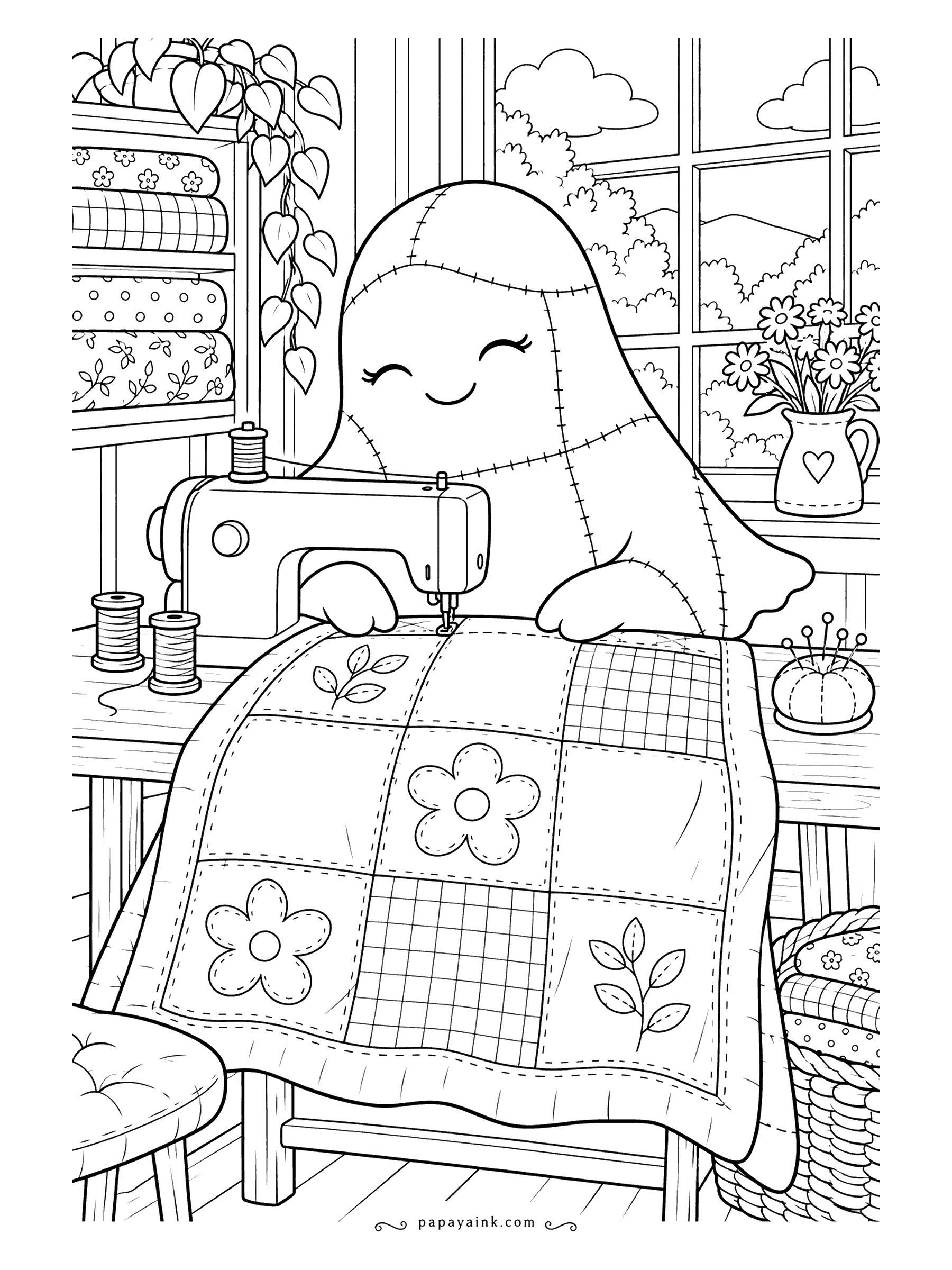 Ghost Coloring Pages - A ghost stitched from patches is now stitching a quilt of its own. It sits at the sewing machine, flowers and plaid squares spreading over the table, spools and a pincushion close by. Detailed - mix patterns freely.