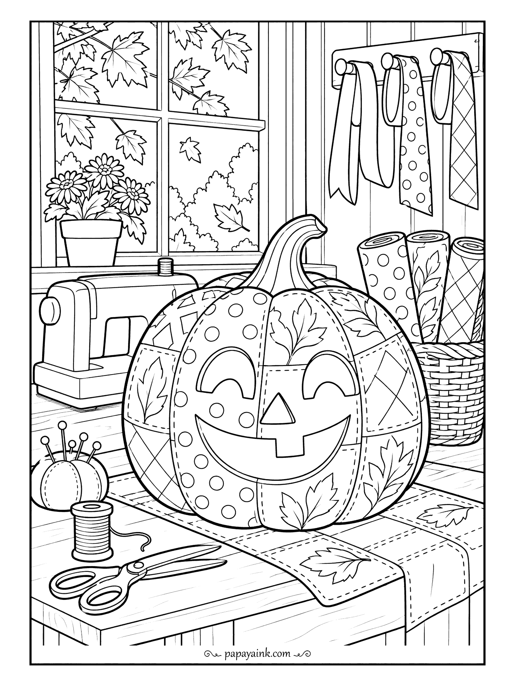 Pumpkin Coloring Pages - Fresh off the sewing table: a patchwork jack-o'-lantern stitched from polka dots, checks and leaf prints. Scissors, a spool of thread, a pincushion and rolls of fabric surround it. Detailed - mix as many patterns as you like.