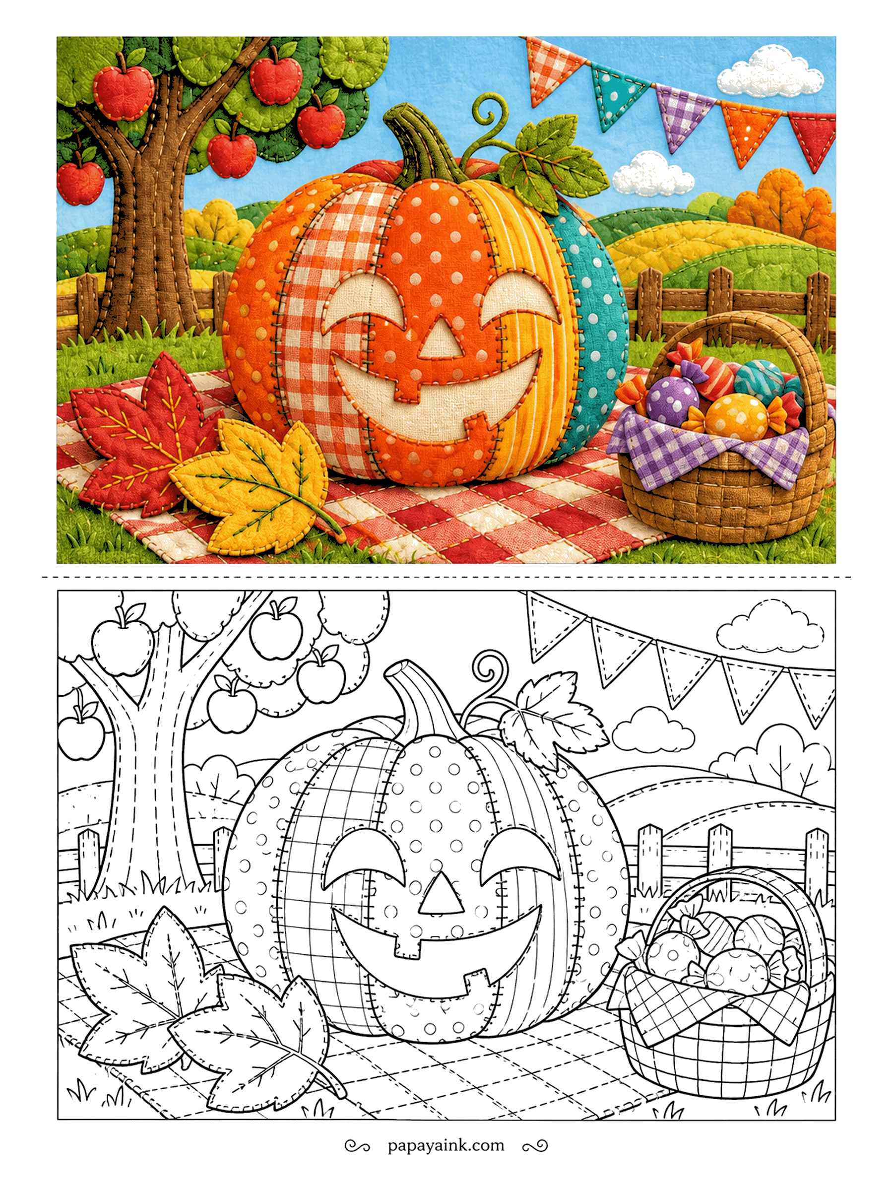 Pumpkin Coloring Pages - Somebody stitched this pumpkin together from gingham, polka dots and stripes. It sits on a checkered picnic blanket beside a candy basket, with bunting overhead and an apple tree at the edge of the field. Plenty of fabric patterns to mix.
