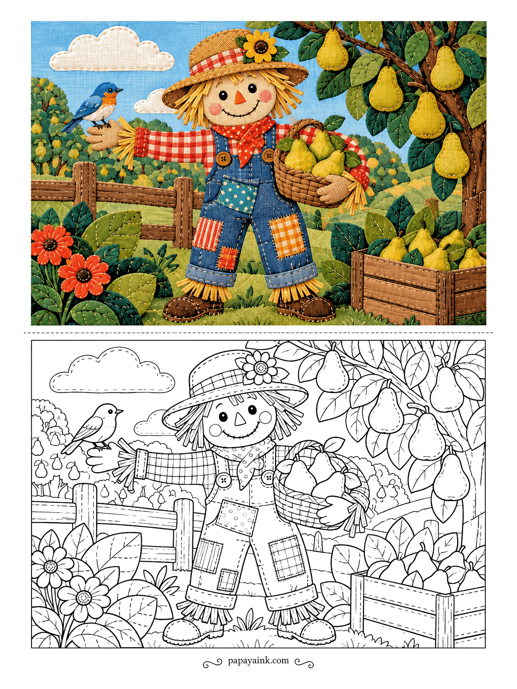 Scarecrow Coloring Pages - Stitched from quilt scraps, right down to the clouds. The scarecrow holds a basket of pears under the pear tree, a bluebird lands on his glove and a crate fills up by the fence. Detailed - plenty of fabric patterns to mix.