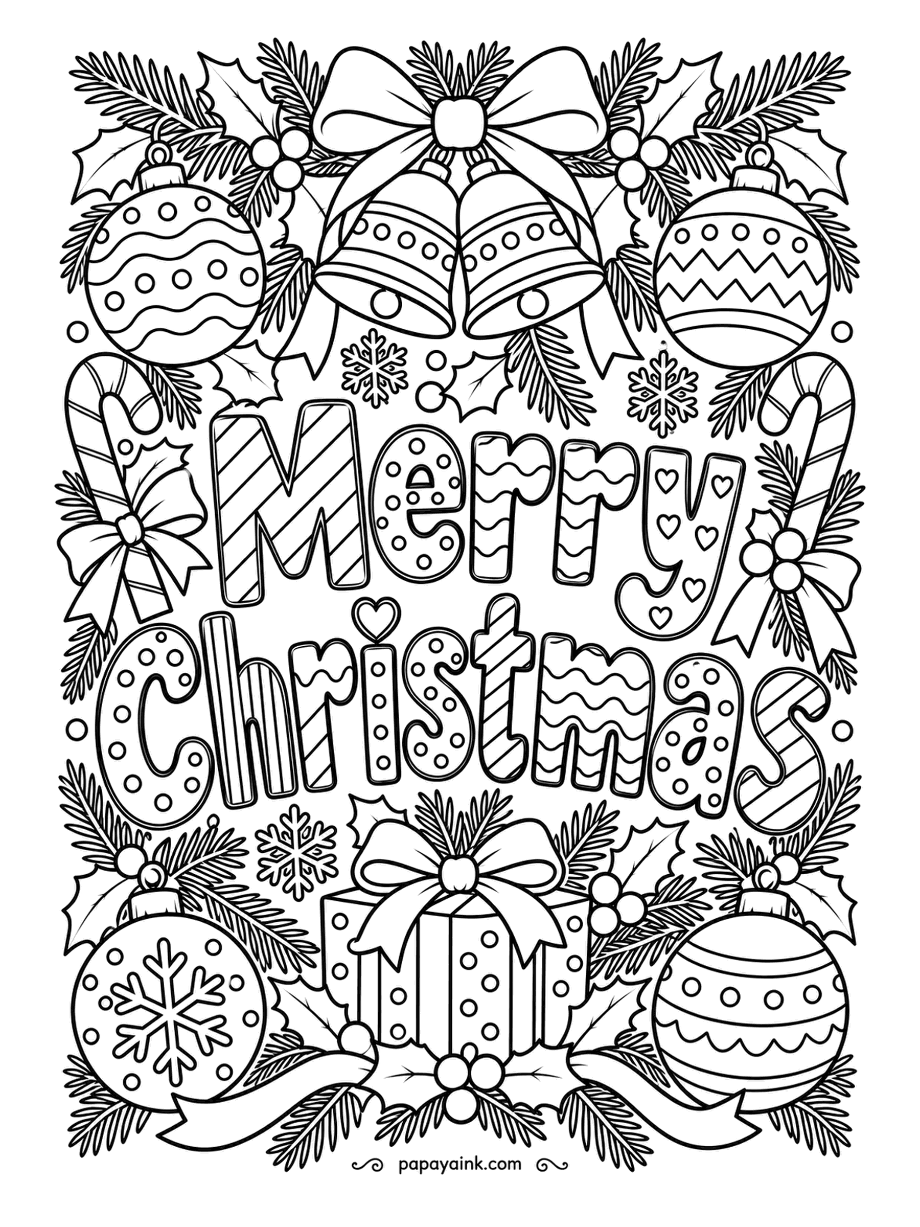 Merry Christmas Coloring Pages - Here the greeting is the picture. Every letter carries its own pattern - stripes, dots, hearts, waves - framed by bells, candy canes and baubles. Detailed - alternate two or three colors along the letters for a candy-shop look.