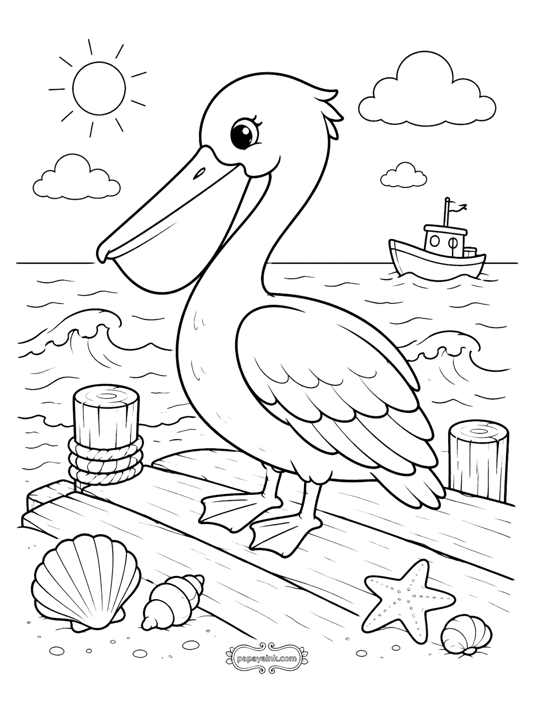 Bird Coloring Pages - Pelican on a Seaside Dock