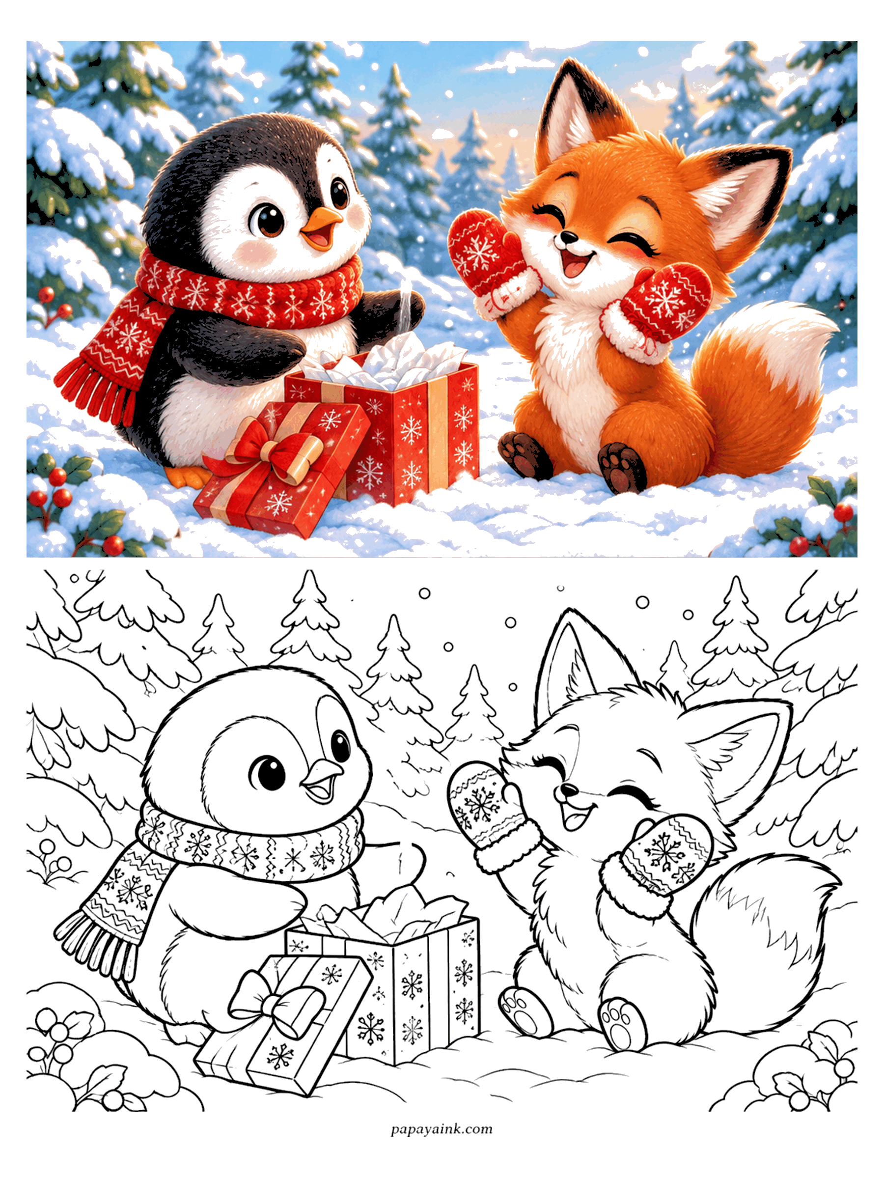 Cute Christmas Coloring Pages - A penguin in a scarf and a fox in mittens open presents together in a snowy pine forest.