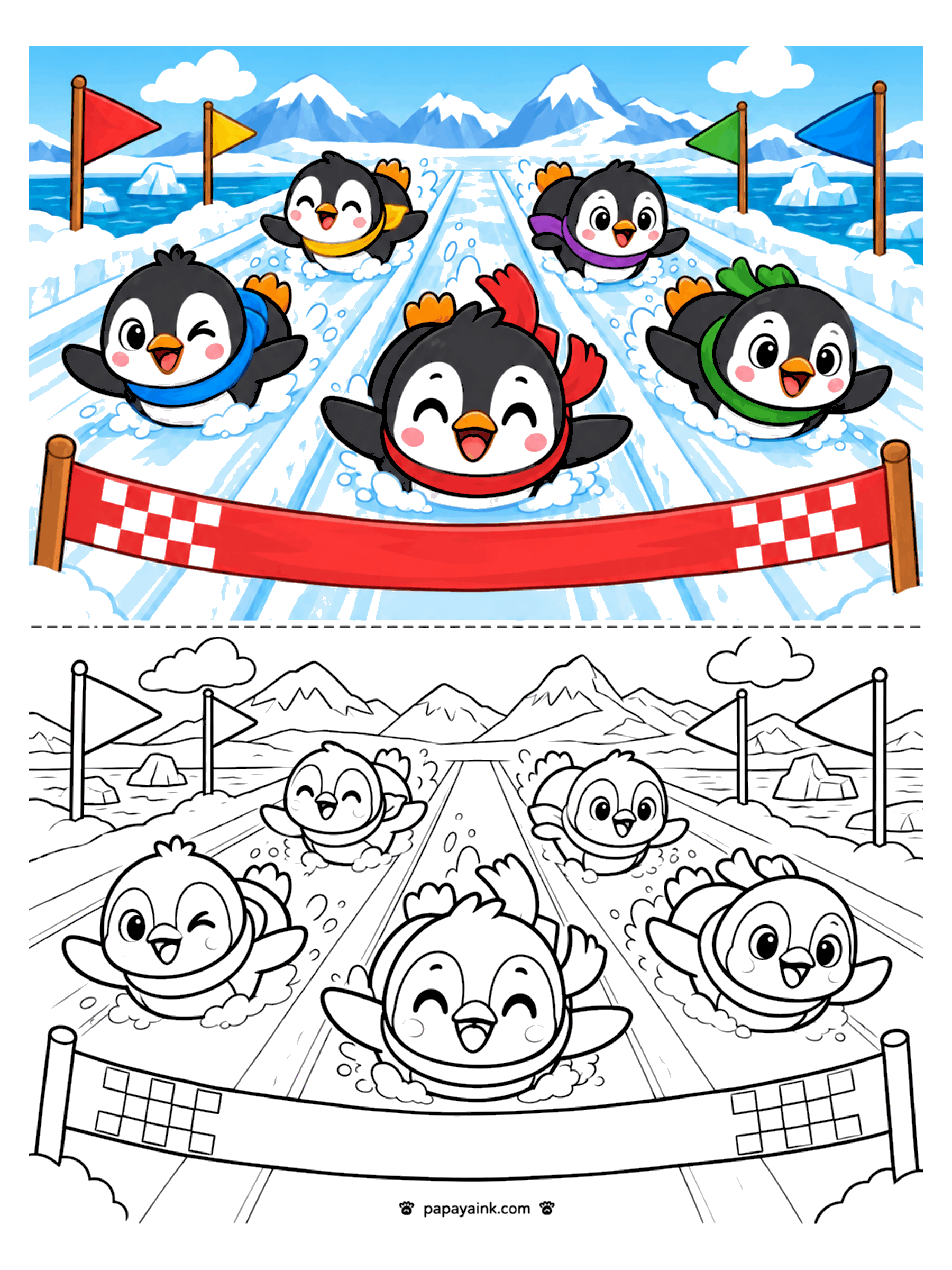 Penguin Coloring Pages - Five penguins in scarves belly-sliding down icy lanes toward a checkered finish ribbon. Detailed.