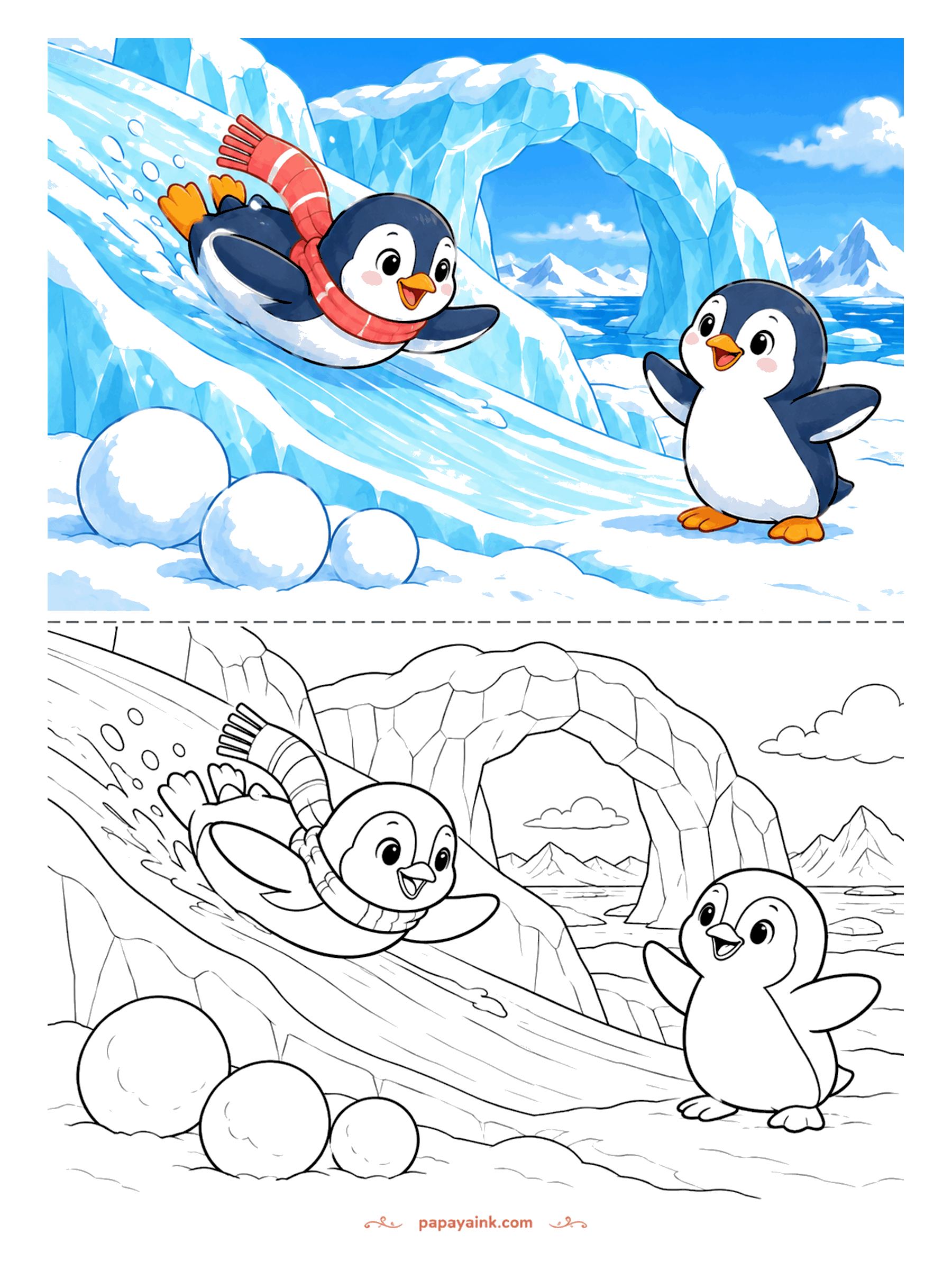 Penguin Coloring Pages - Belly-first down an ice chute, one penguin's striped scarf flies behind while a friend cheers at the bottom beside three snowballs and an ice arch.