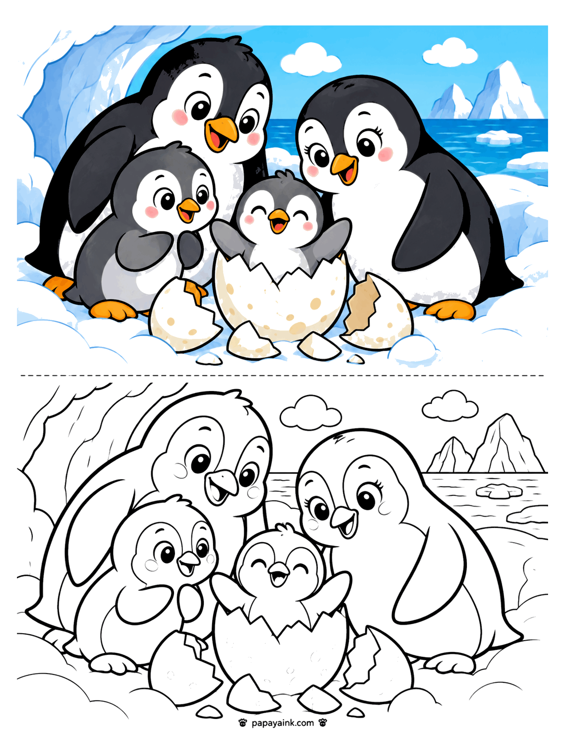 Penguin Coloring Pages - A penguin family gathered around a chick bursting out of a cracked egg.