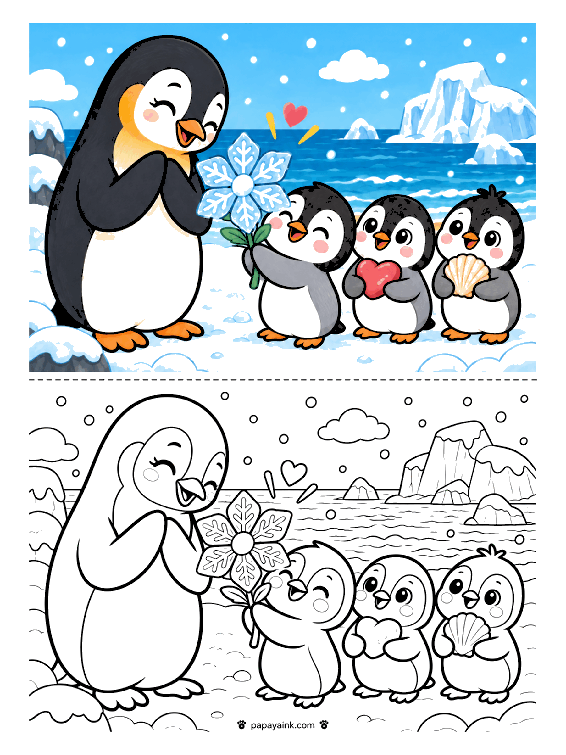 Penguin Coloring Pages - Three chicks giving their mother a snowflake flower, a heart and a shell.