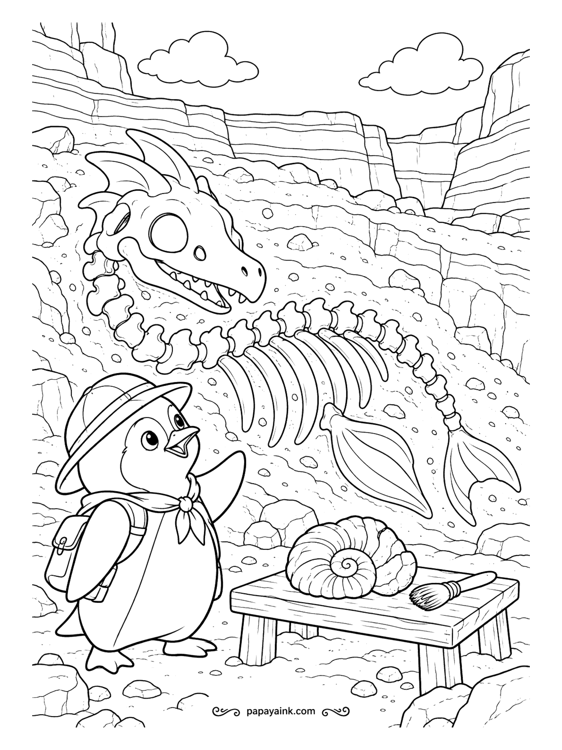 Penguin Coloring Pages - Pith helmet, neckerchief, satchel - and in the canyon wall, the complete skeleton of a sea dragon. The explorer points it out in case anyone missed it. An ammonite and a brush wait on the bench. Earthy browns work well here.