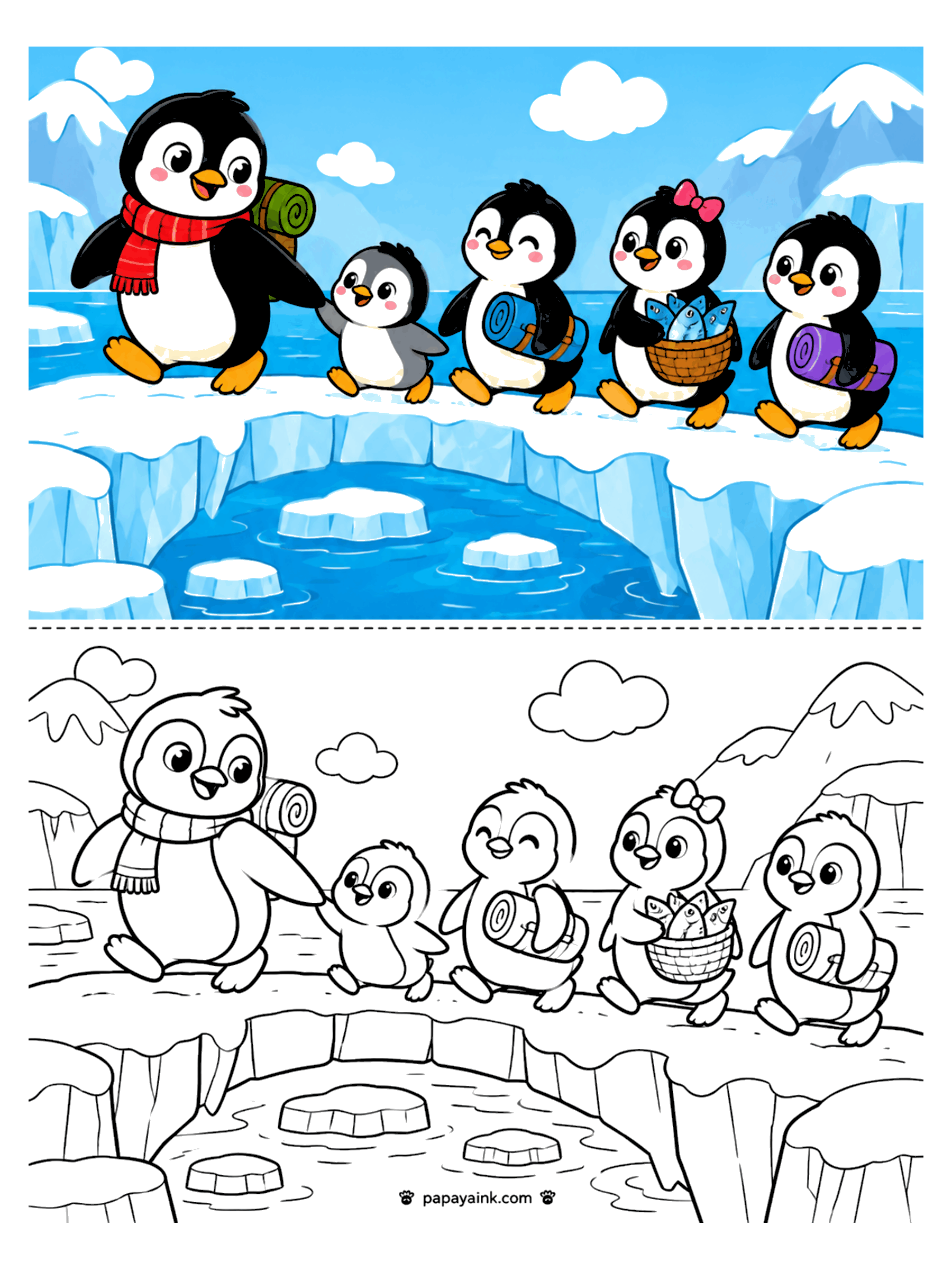 Penguin Coloring Pages - A penguin family with backpacks, bedrolls and a fish basket marching in a line across an ice bridge.