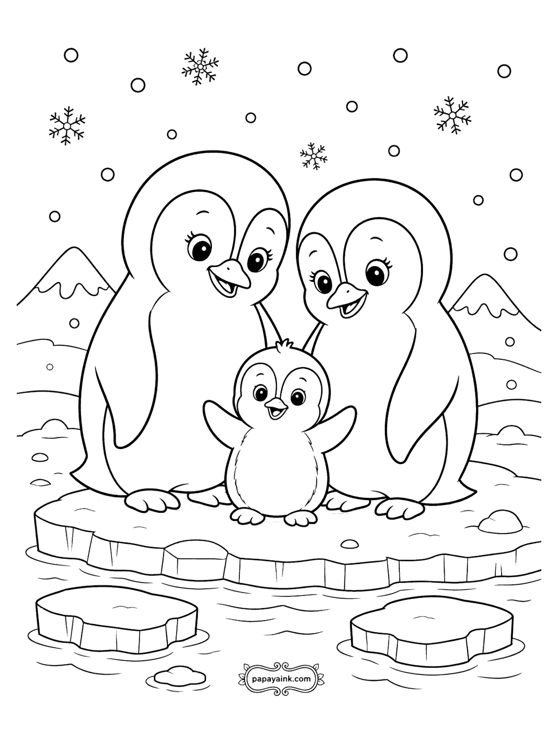 Bird Coloring Pages - Penguin Family on the Ice