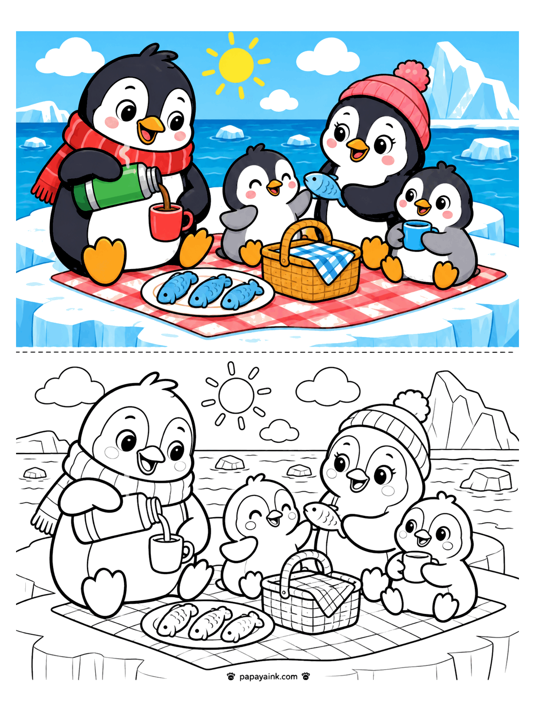 Penguin Coloring Pages - A penguin family picnic on a checkered blanket with a thermos, mugs, a basket and a plate of fish. Detailed.