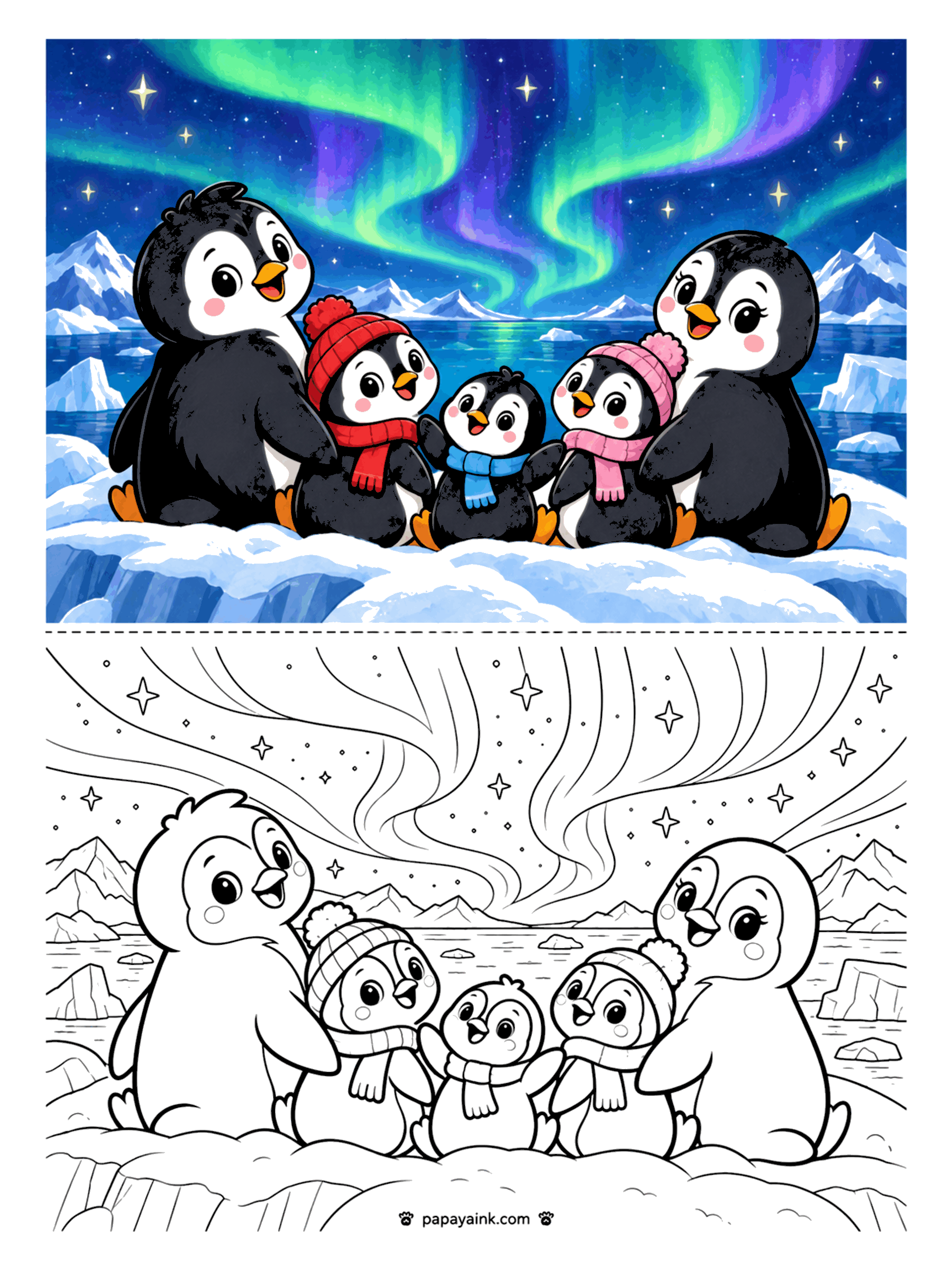 Penguin Coloring Pages - A penguin family in knit hats and scarves sitting on the ice under swirling aurora ribbons and stars. Detailed.