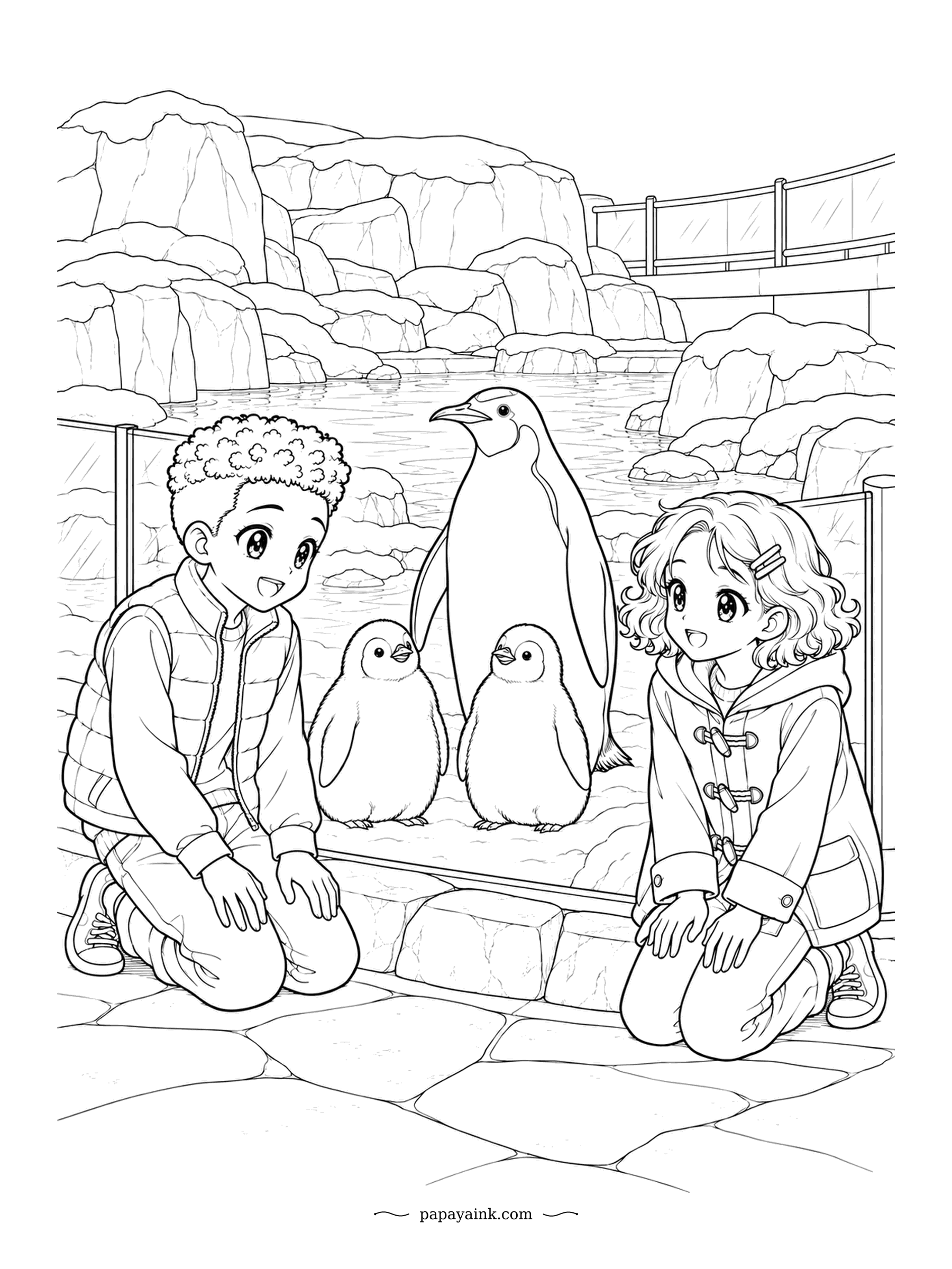 Cute Anime Coloring Pages - Two penguin chicks stand next to a tall parent at the glass, and the visitors kneeling outside can hardly believe how near they are. Rocky ledges and a pool make up the habitat. Cool greys and icy blues.