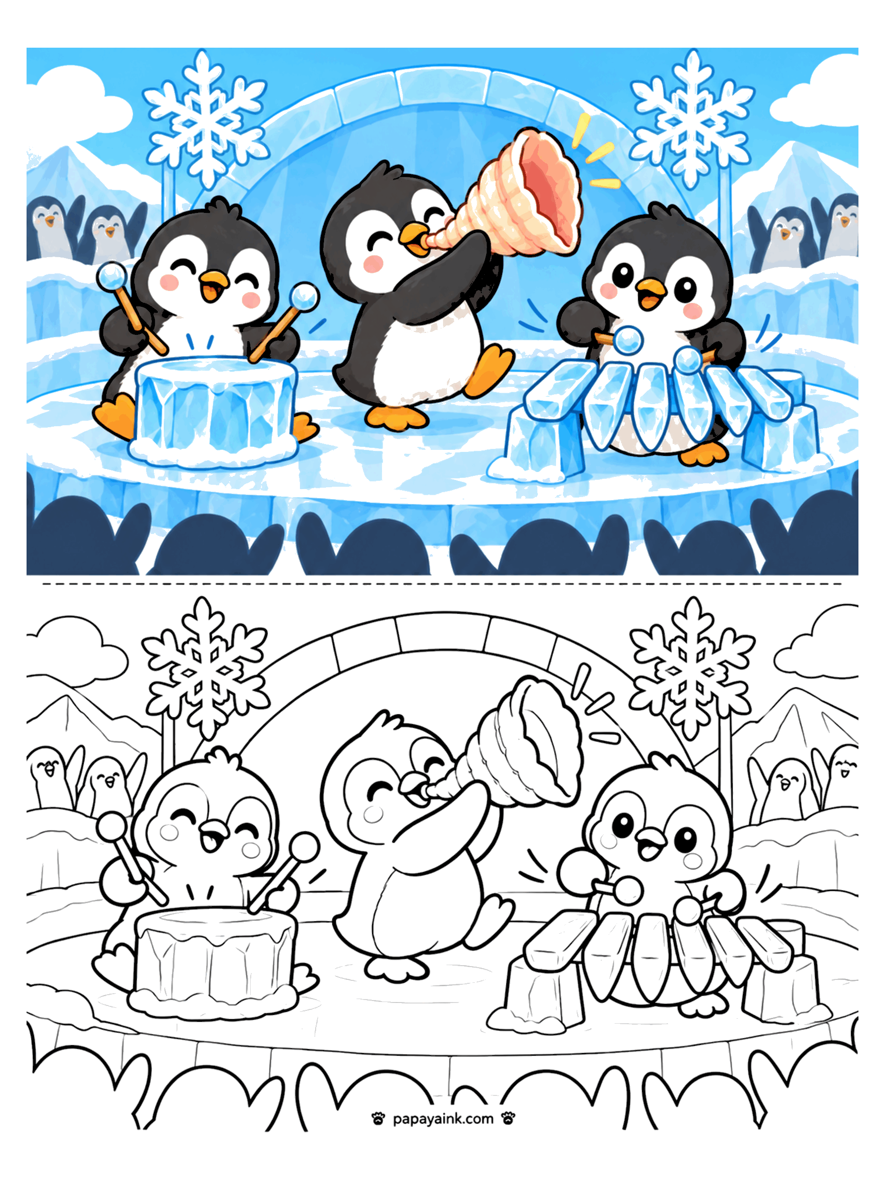 Penguin Coloring Pages - Three penguins playing an ice drum, a conch horn and an icicle xylophone for a crowd under a snowflake arch. Detailed.
