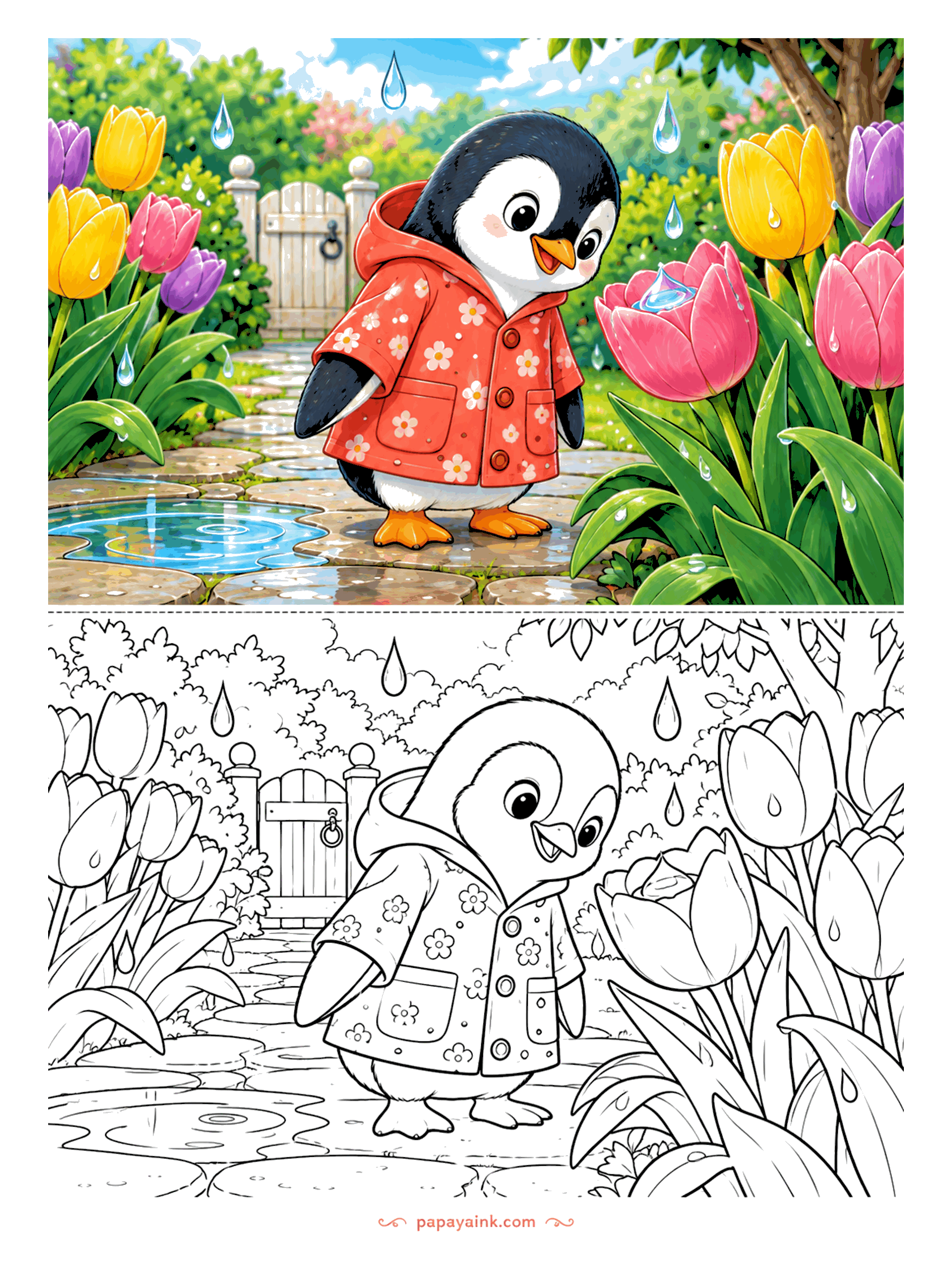 Penguin Coloring Pages - Raindrops fall on a garden path where a penguin in a flowered raincoat leans in to look at a tulip, with a puddle and a wooden gate behind. Detailed.