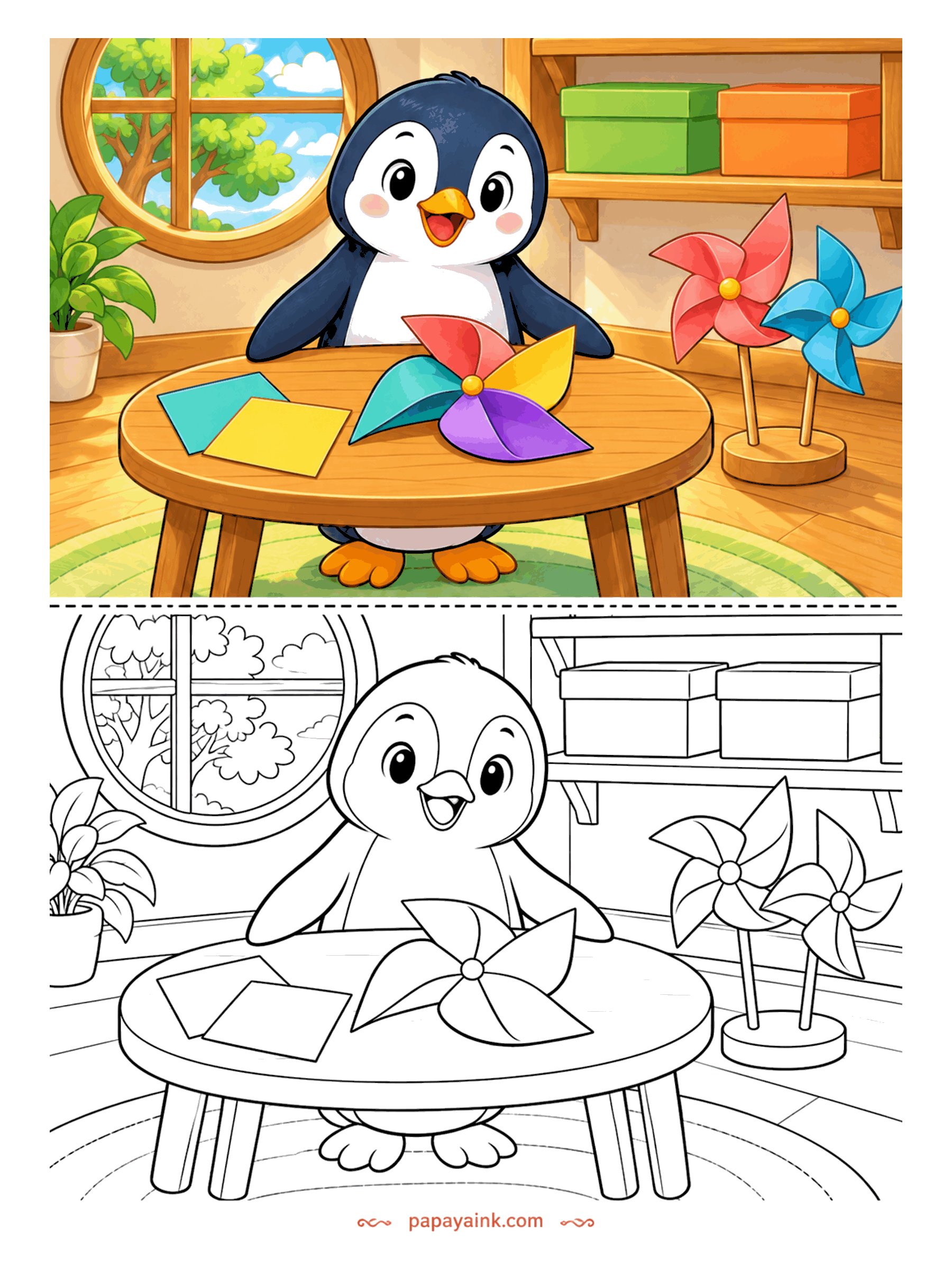 Penguin Coloring Pages - Craft time: a penguin folds a paper pinwheel at a round table, with two finished ones spinning on a stand and paper squares ready for the next.