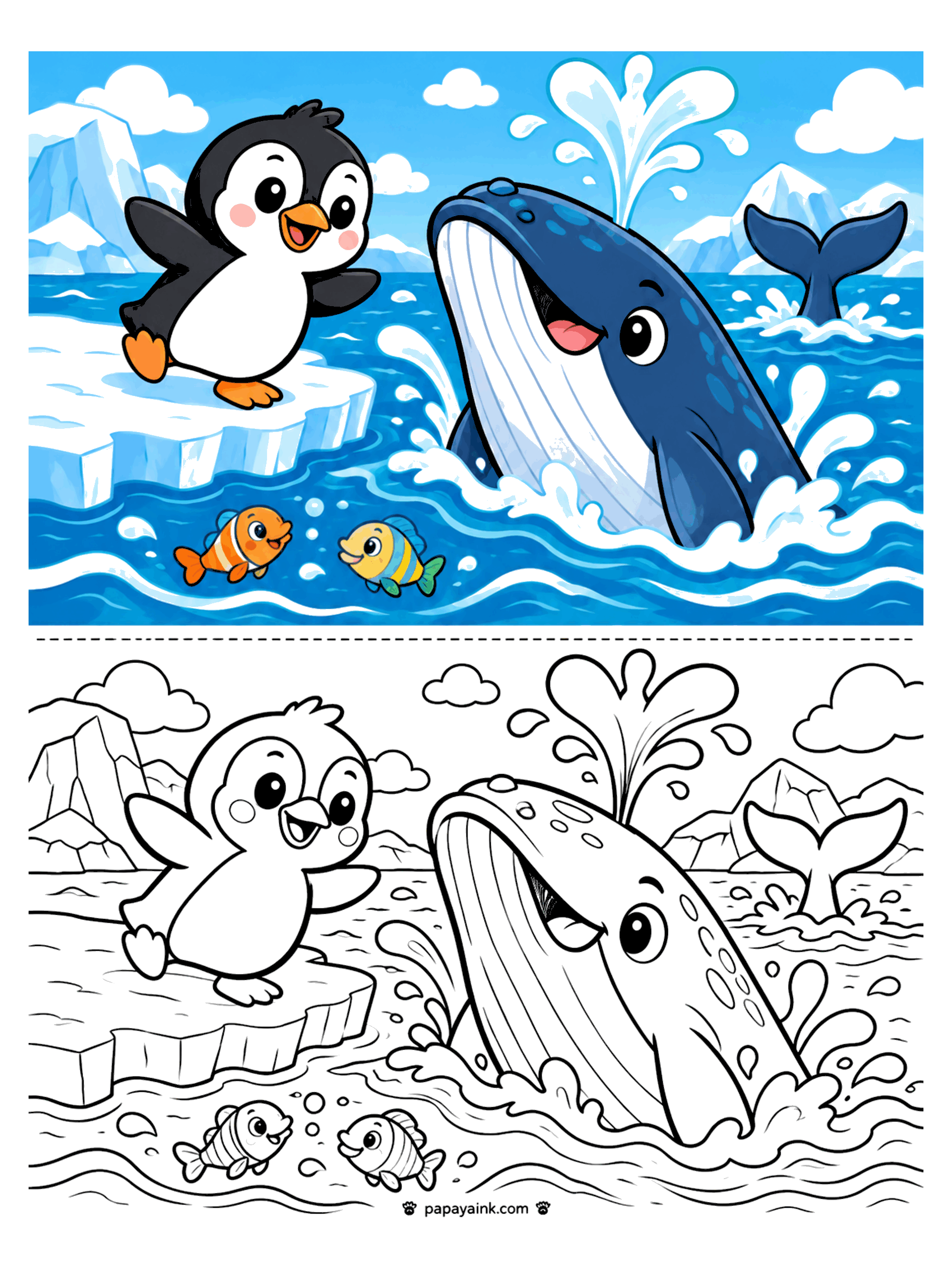 Penguin Coloring Pages - A penguin on an ice floe waving to a huge friendly whale spouting water, with two small fish below.