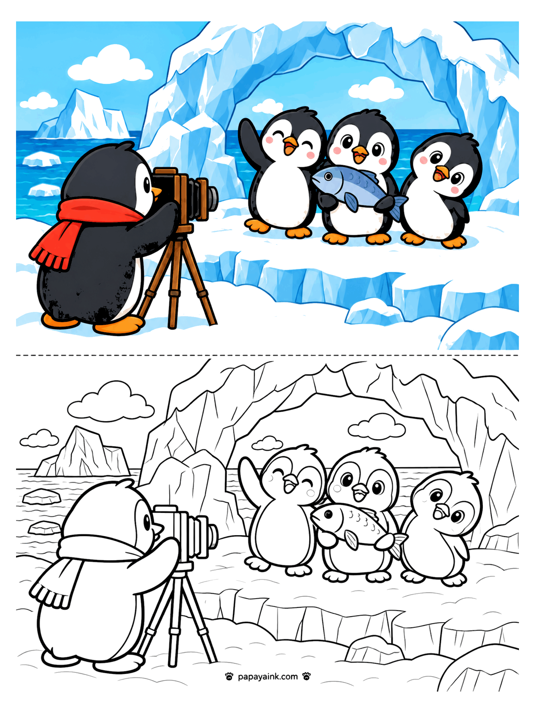 Penguin Coloring Pages - A penguin in a red scarf behind a camera on a tripod taking a photo of three friends under an ice arch, one holding a fish.