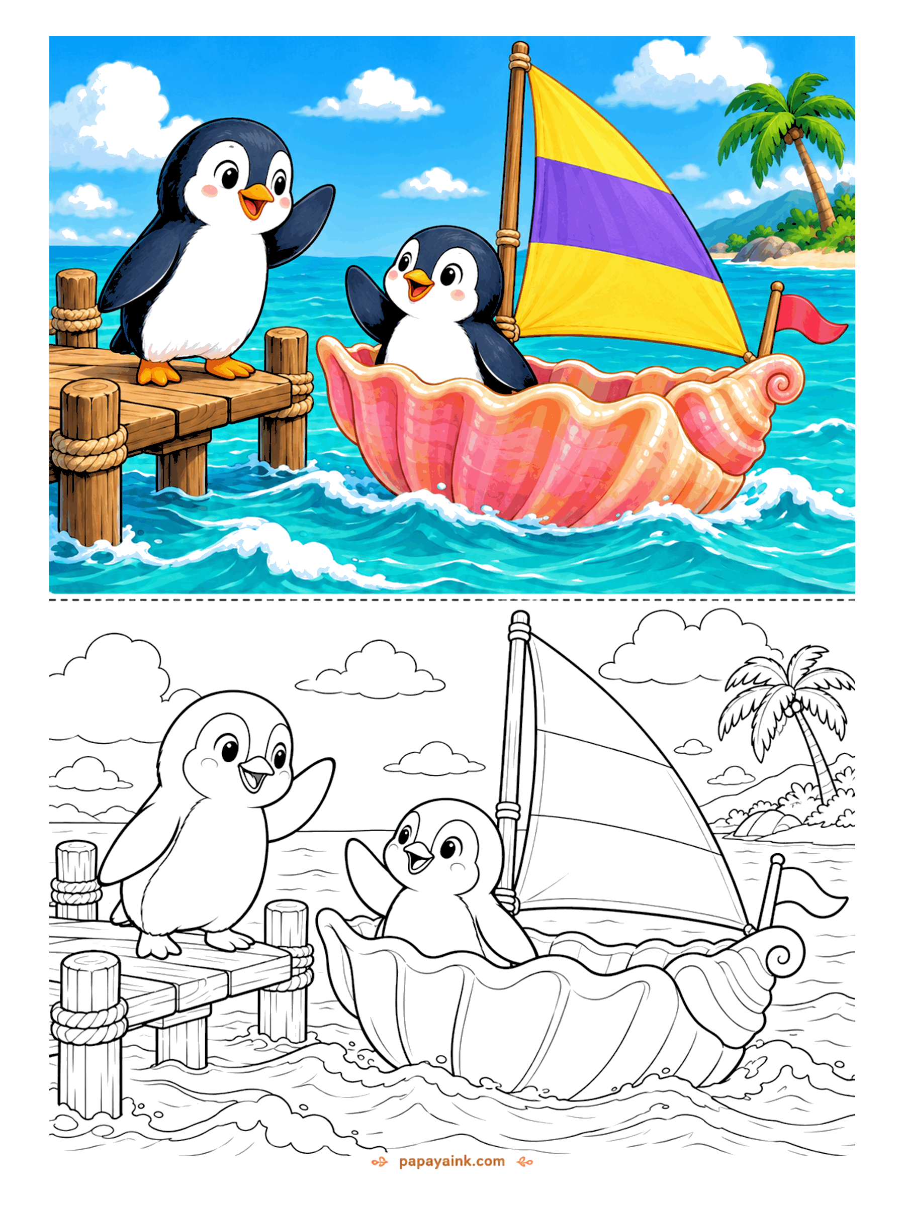 Penguin Coloring Pages - One penguin sets sail in a giant seashell boat with a striped sail while another waves goodbye from the dock.