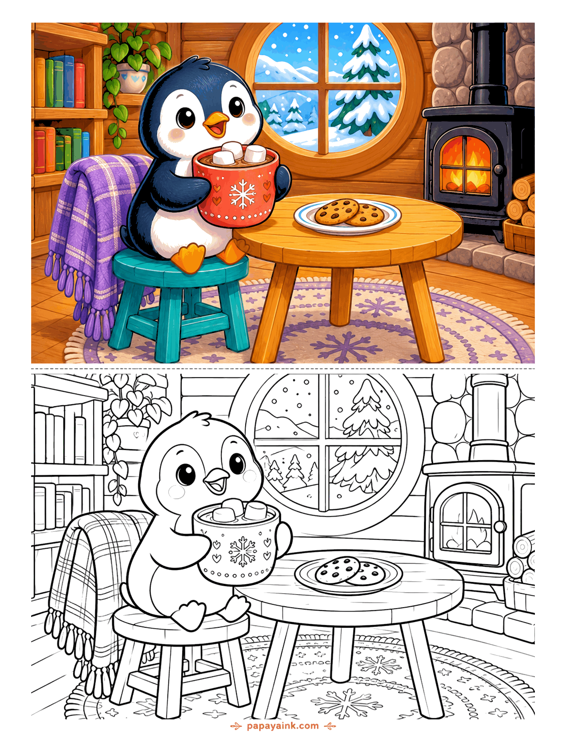 Penguin Coloring Pages - Hot cocoa with marshmallows warms a penguin on a stool in a log cabin, with cookies on the table, a wood stove and a snowy round window. Detailed.