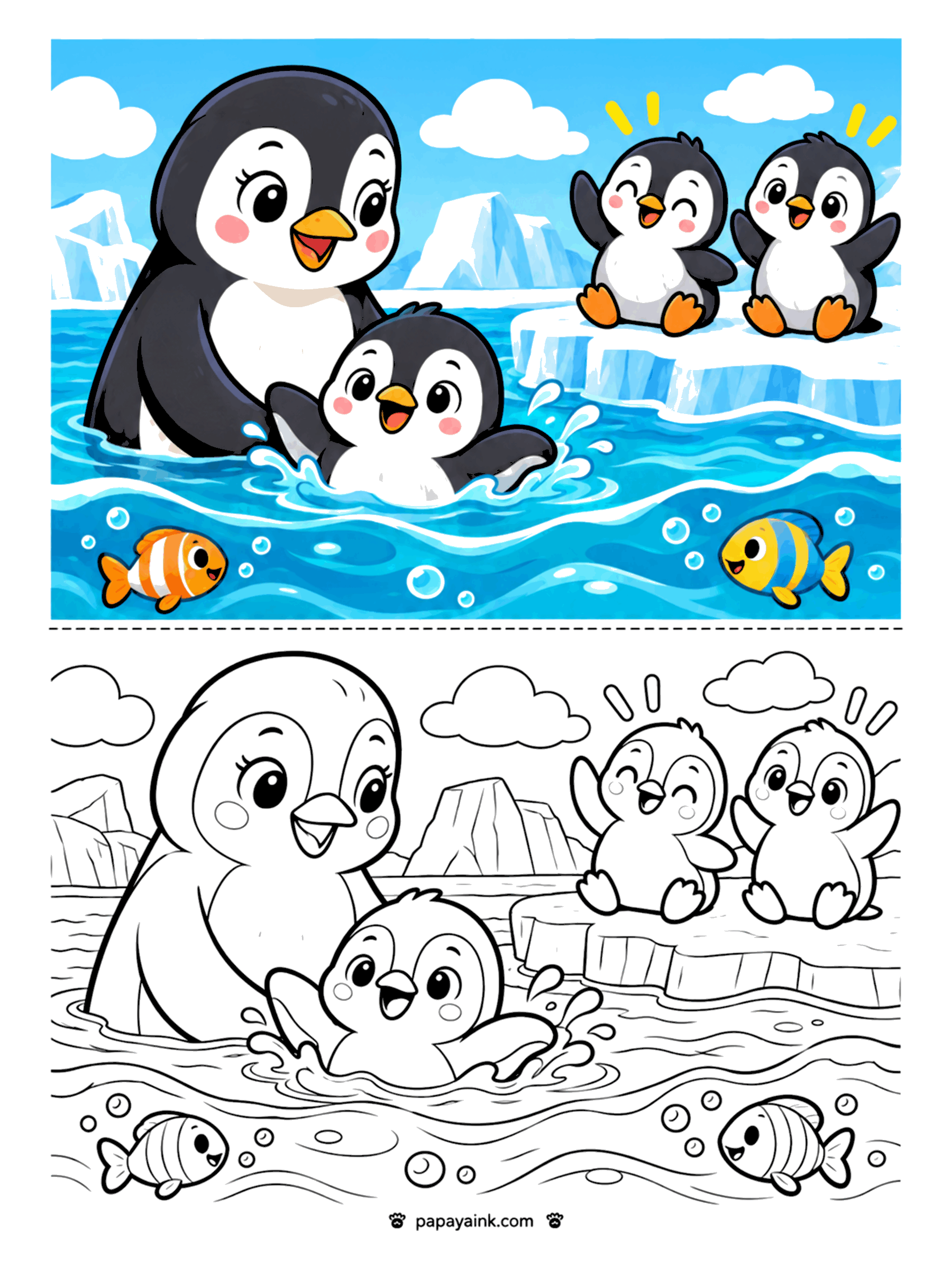 Penguin Coloring Pages - A mother penguin holding her chick in the water for a first swim while two chicks cheer from an ice floe.