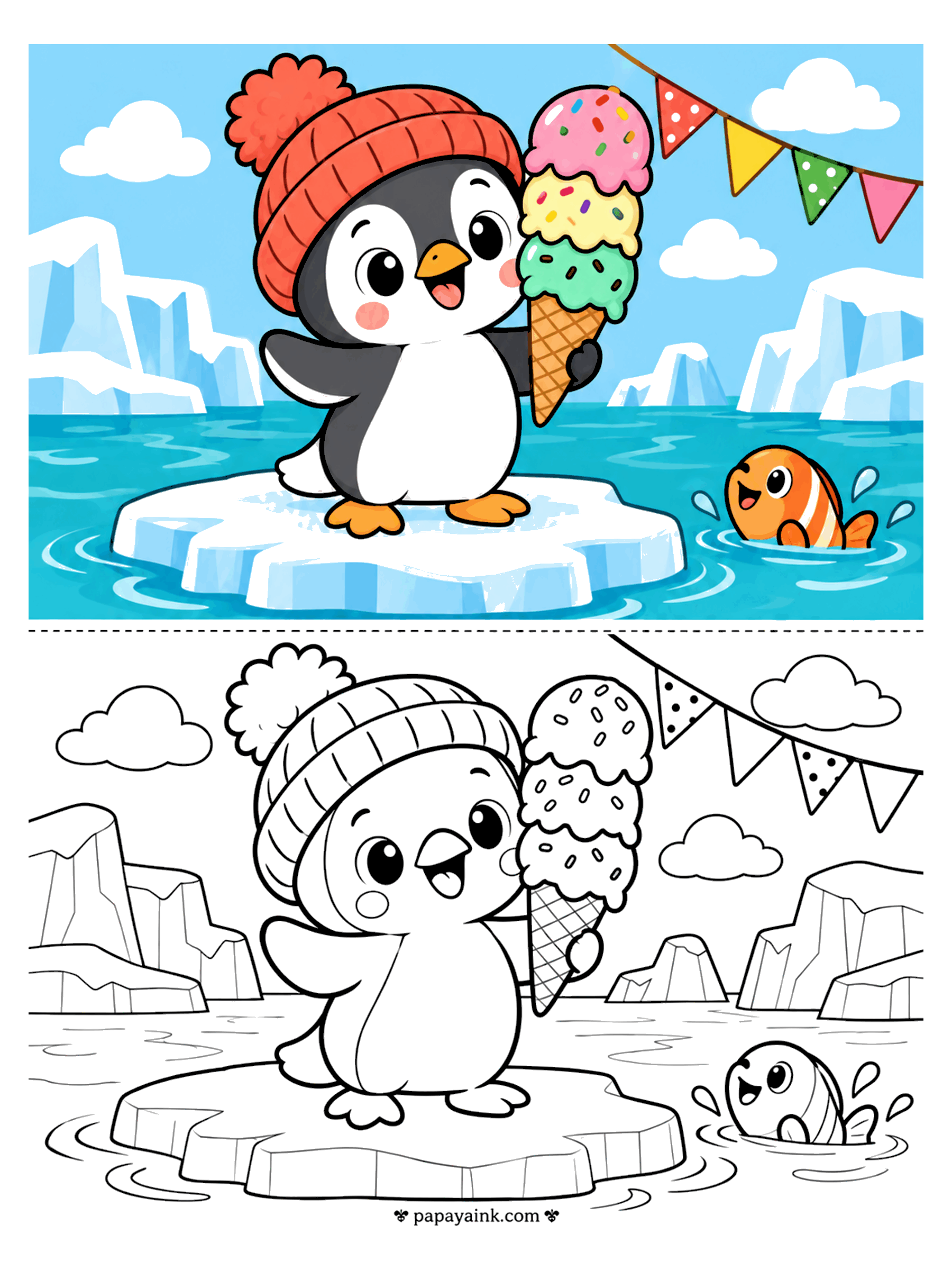 Copy Coloring Pages - Copy coloring page of a penguin in a winter hat holding a triple ice cream cone on an ice floe