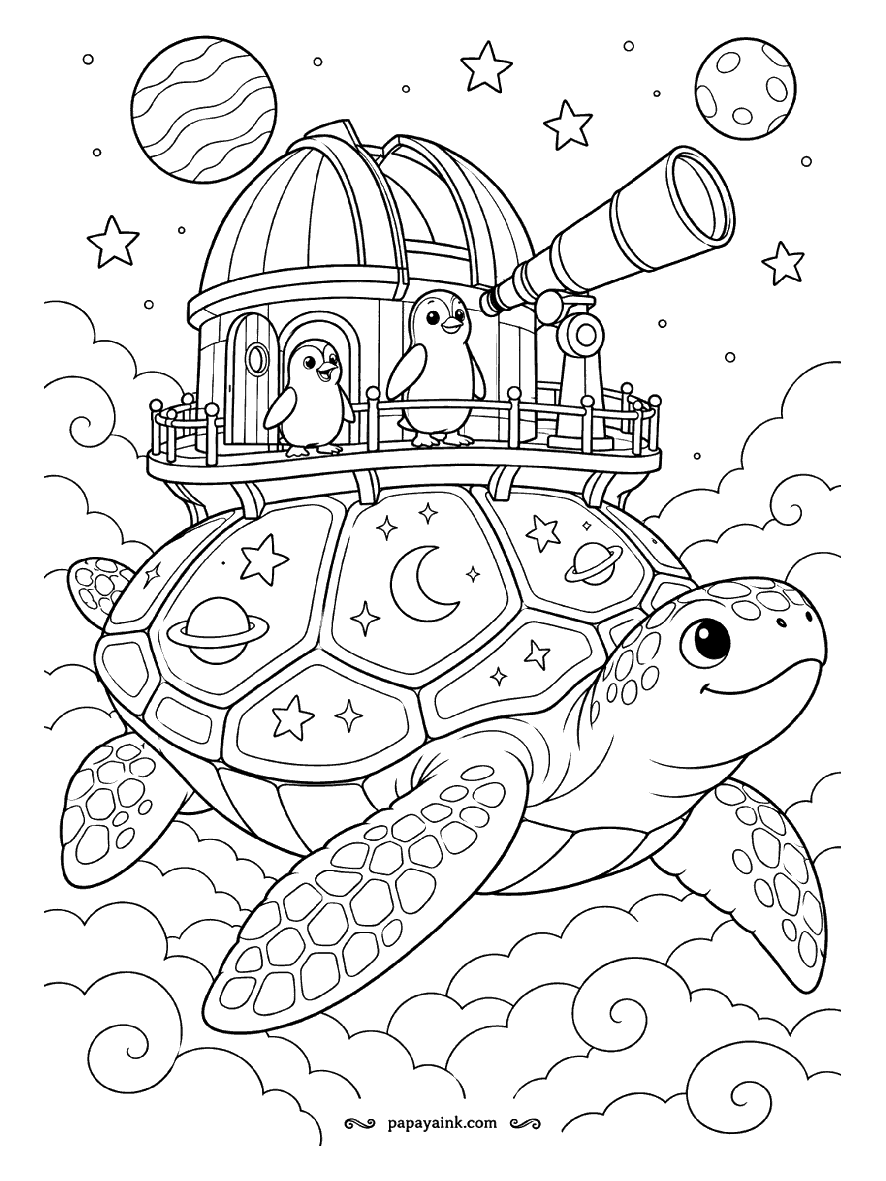Penguin Coloring Pages - Astronomy is easier when the observatory travels. A sea turtle with moons and planets on its shell swims through the clouds, carrying a dome, a telescope and the entire scientific staff. Detailed - try a night sky in deep blues.