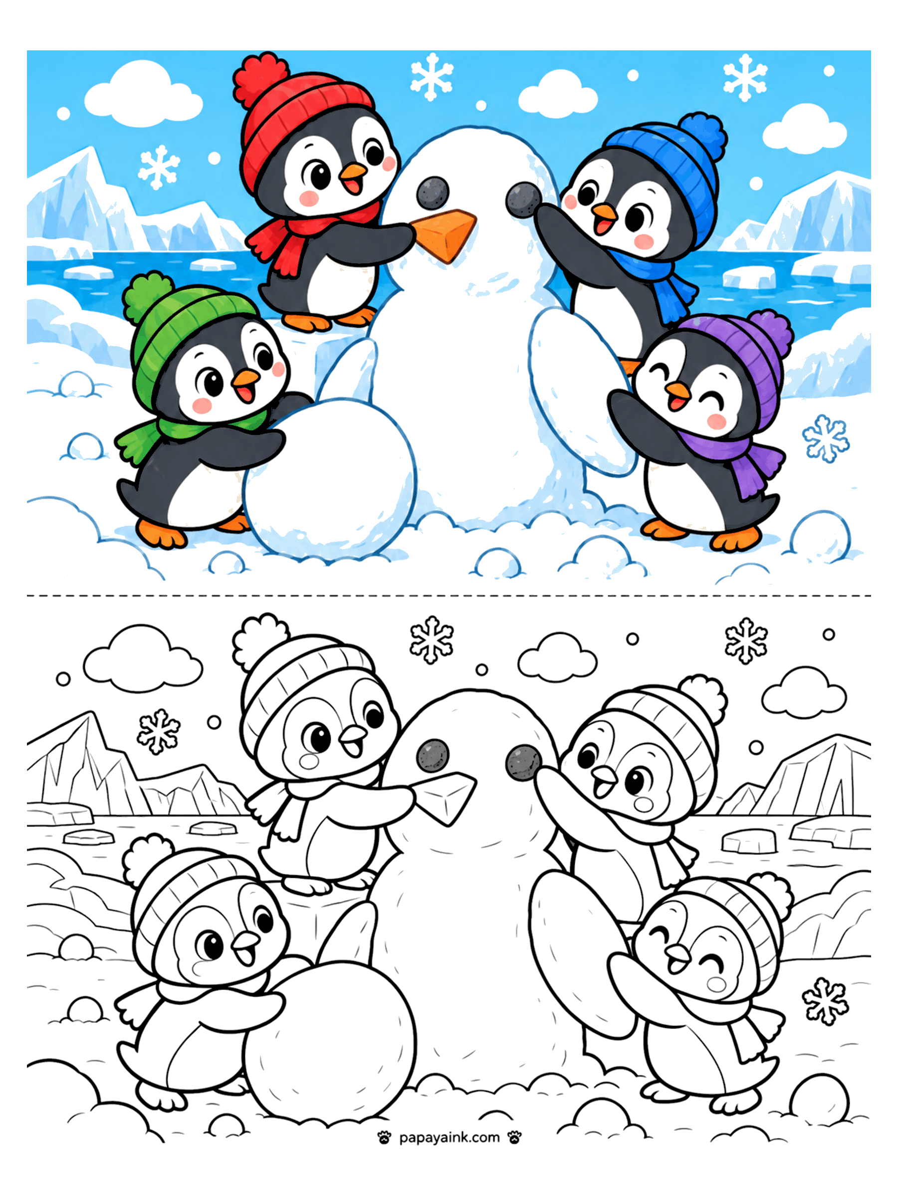 Penguin Coloring Pages - Four penguins in colorful hats and scarves rolling snowballs and putting a carrot nose on a snowman.