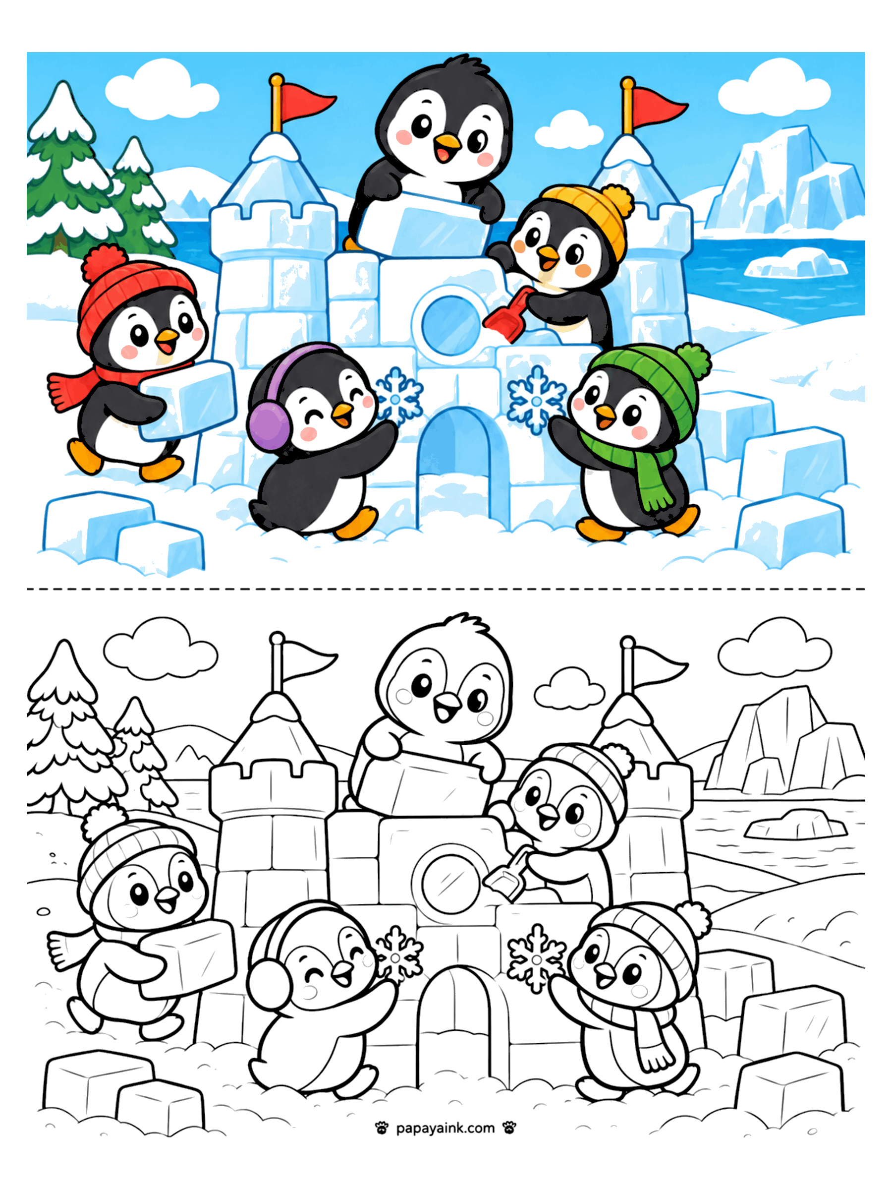Penguin Coloring Pages - Five penguins in knit hats and earmuffs stacking ice blocks into a castle with two flags and snowflake windows. Detailed.