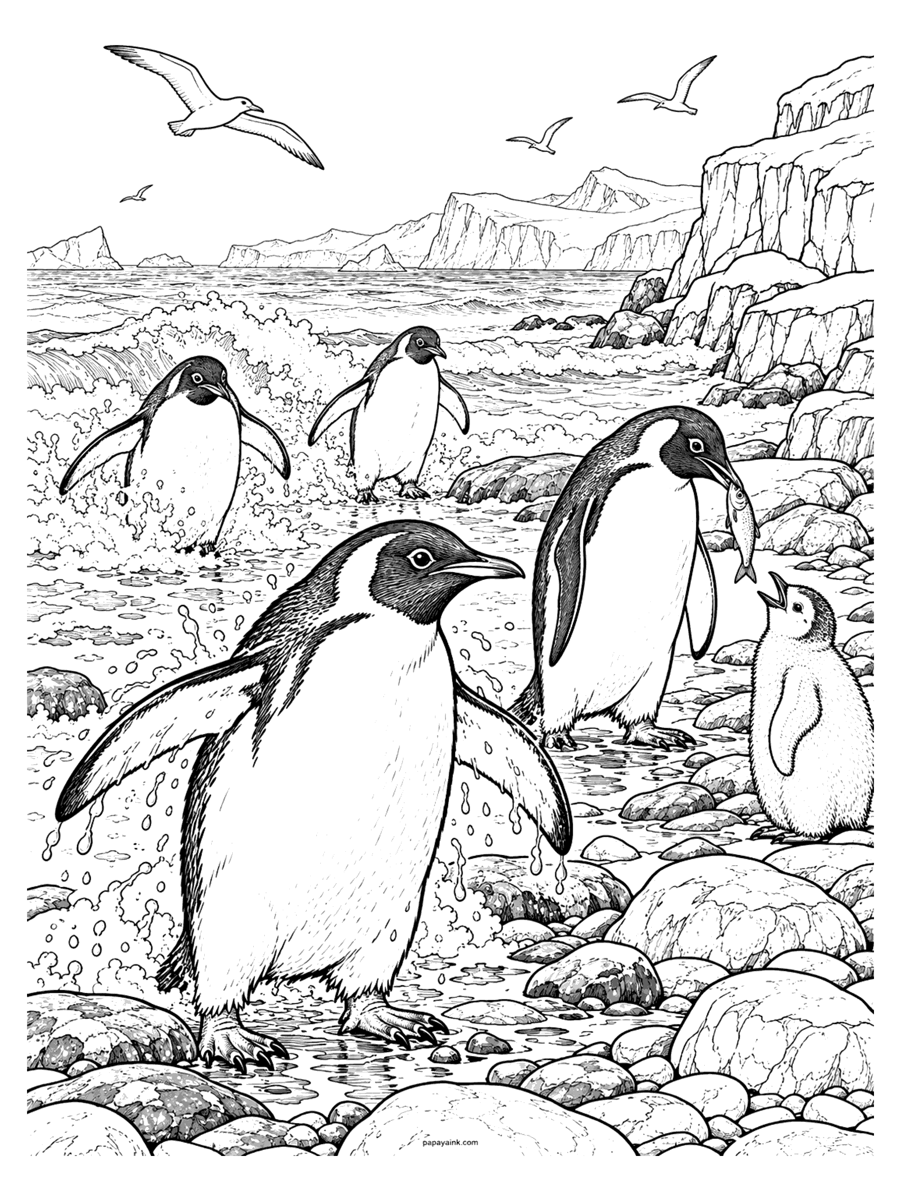Penguin Coloring Pages - Penguins coming ashore through breaking waves onto a pebble beach, one shaking water from its flippers while a parent brings a fish to a hungry chick. Detailed.