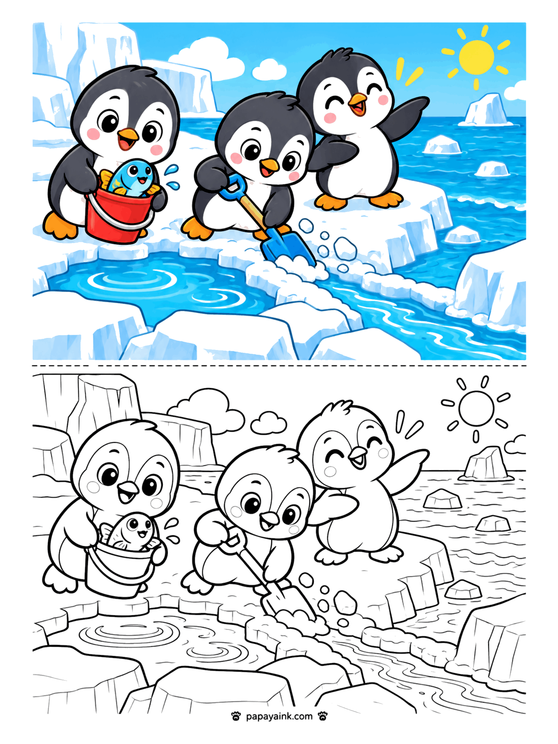 Penguin Coloring Pages - Three penguins at a fishing hole with a red bucket, a fish and a shovel, one cheering with wings up.