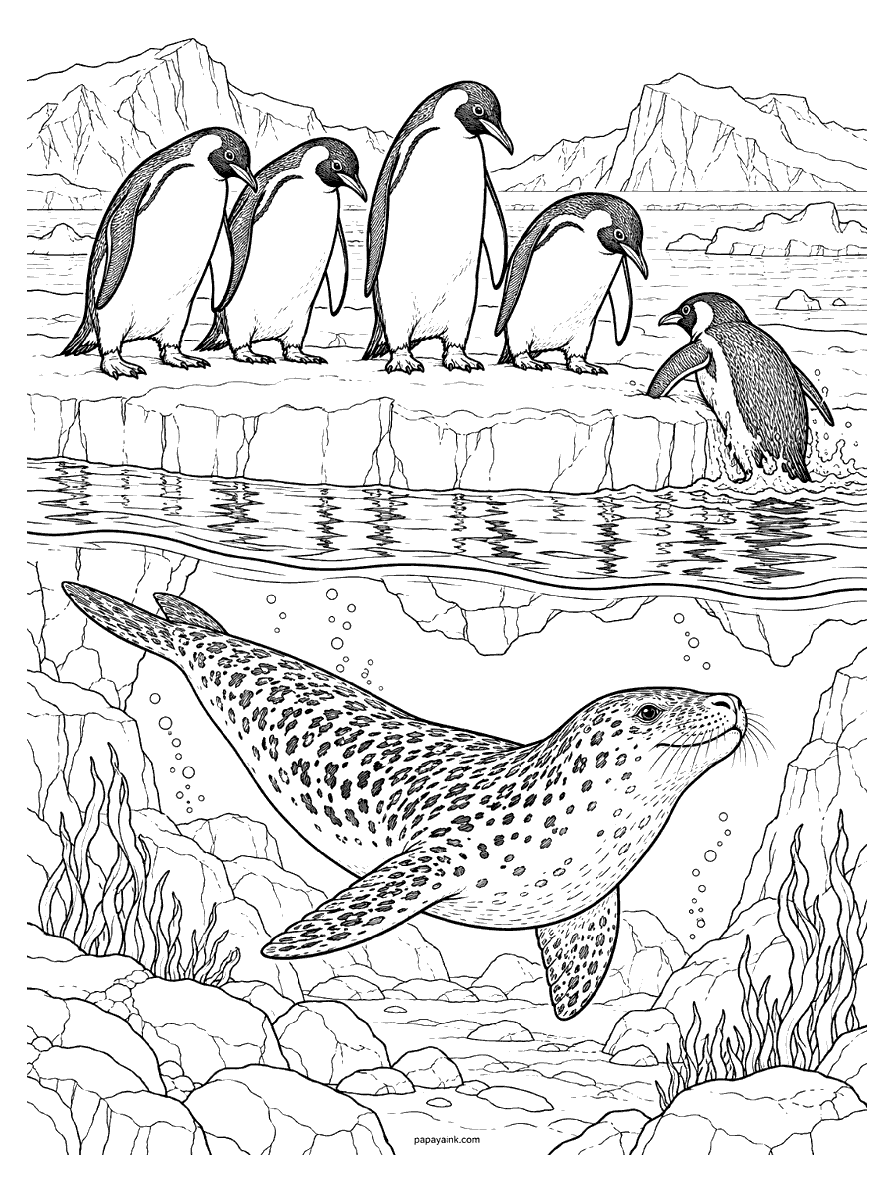 Penguin Coloring Pages - Split-view Antarctic coloring page: penguins lined up on an ice floe peering into the water while a spotted leopard seal glides underneath among rocks and kelp. Detailed.