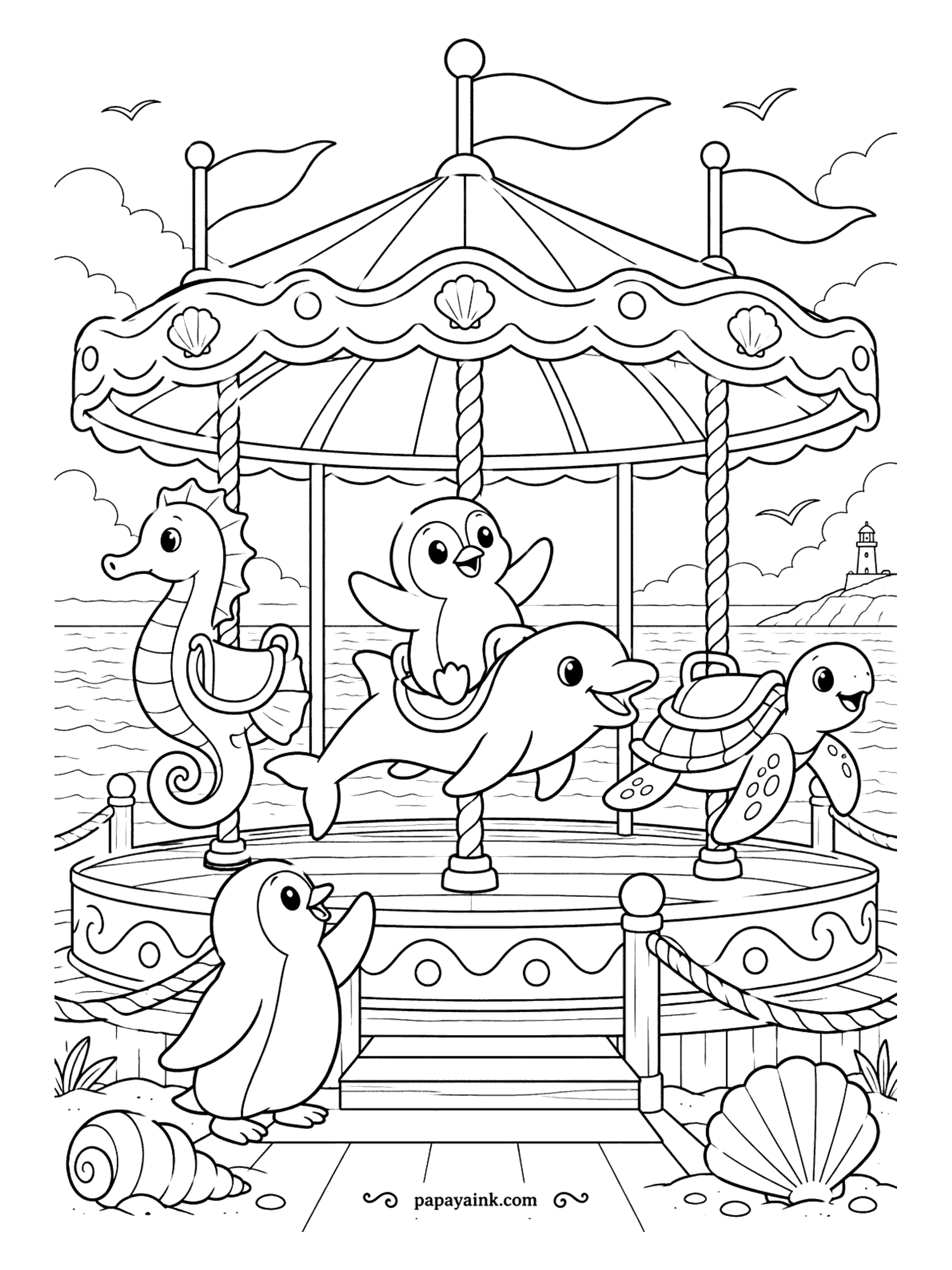 Penguin Coloring Pages - Round and round above the harbor goes a carousel of sea creatures - a seahorse, a dolphin, a turtle with a saddle. One rider is already up with wings in the air; the next in line is waving. Scallop trim invites bright fairground colors.