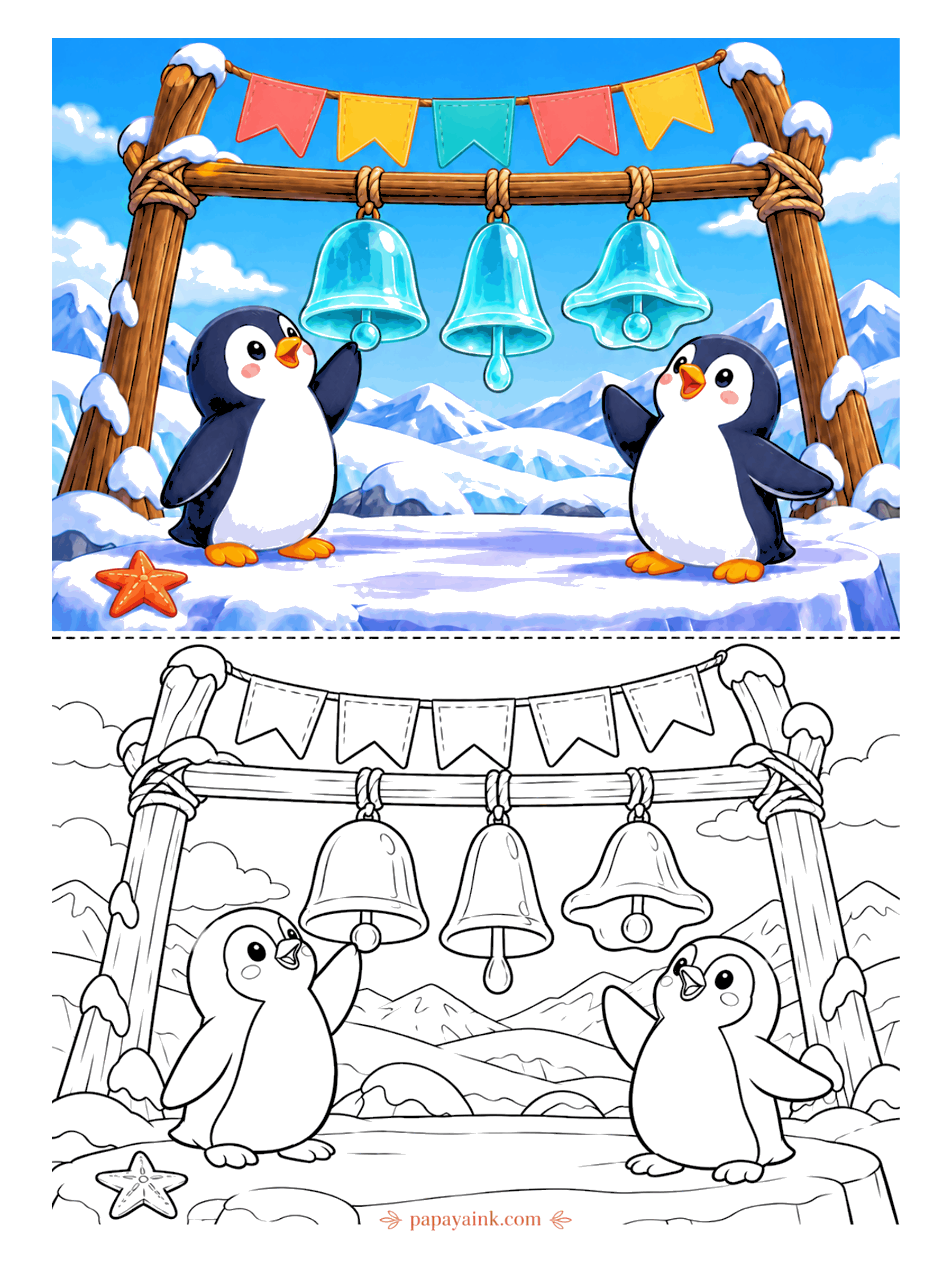Penguin Coloring Pages - Three ice bells hang from a rope-tied wooden frame under a string of flags, and two penguins reach up to ring them.