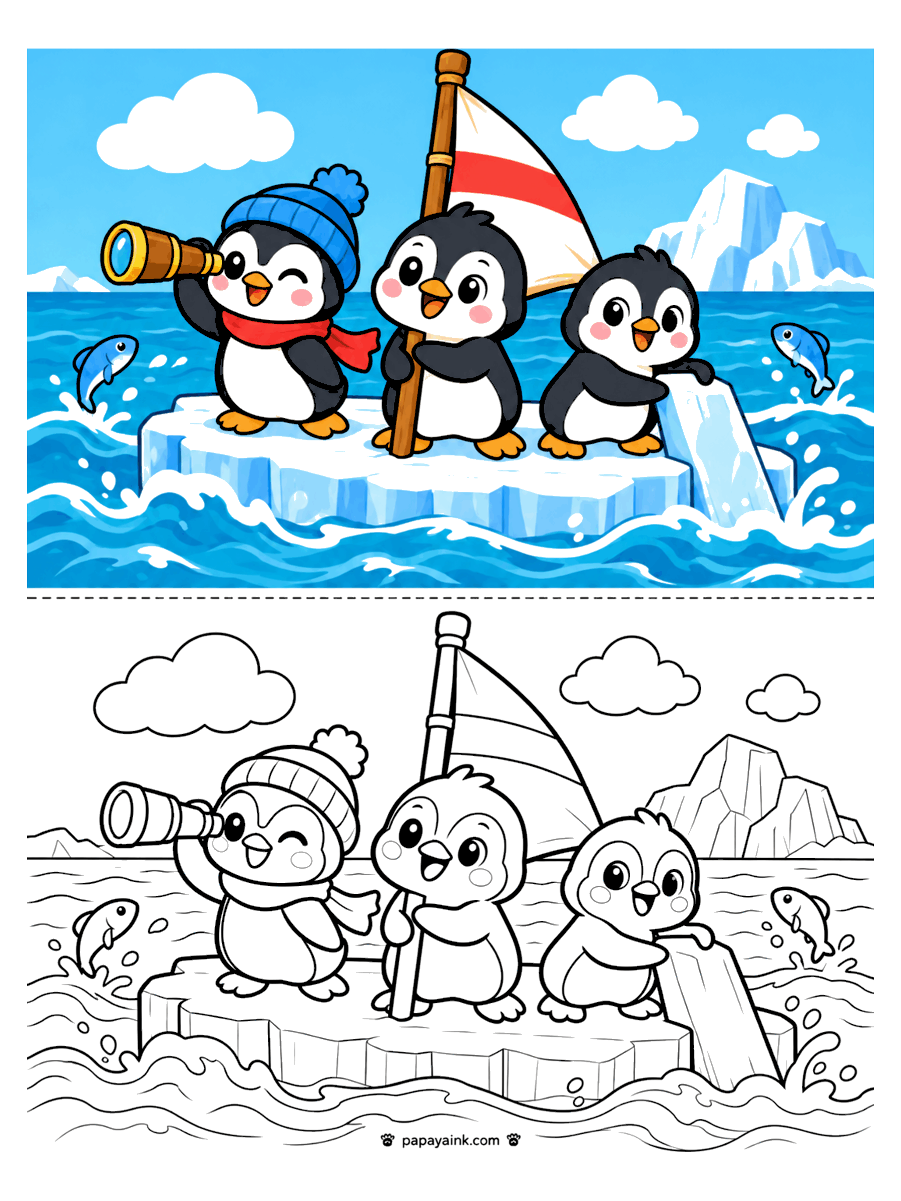 Penguin Coloring Pages - Three penguins sailing an iceberg raft with a striped sail, one scanning the sea with a telescope.