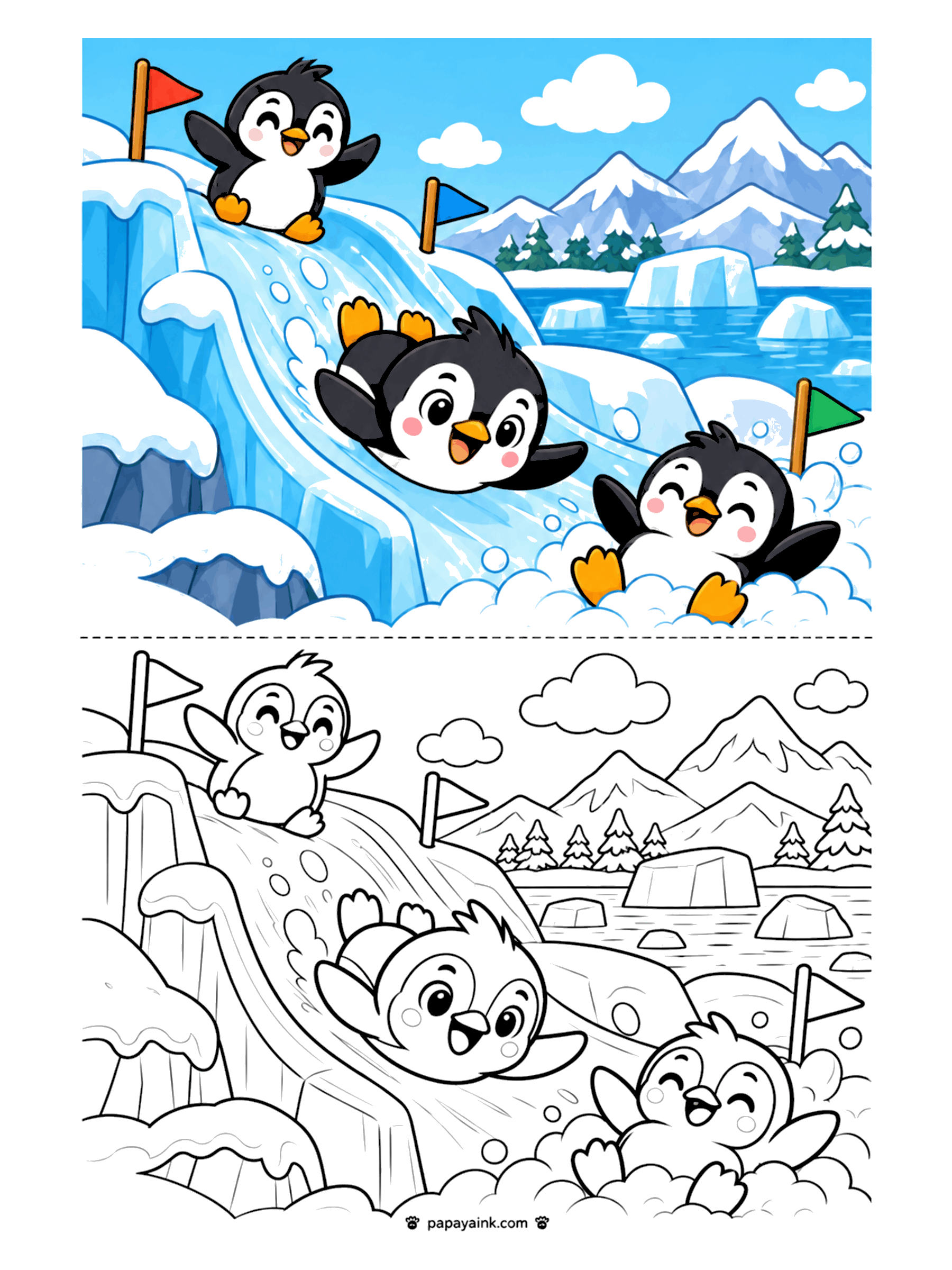 Penguin Coloring Pages - Three penguins whooshing down a tall ice slide past colored flags, with mountains and icebergs behind.