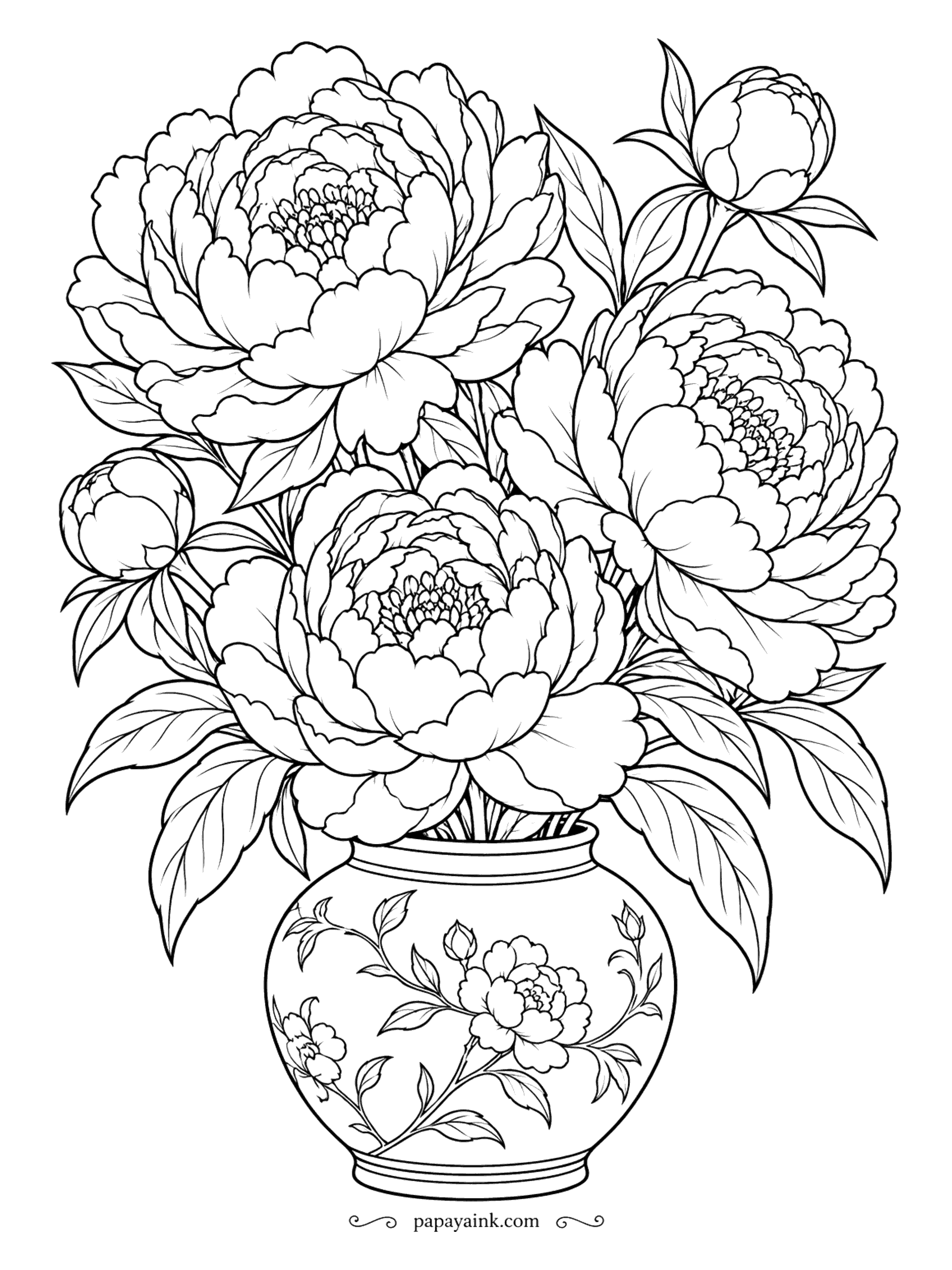 Flower Coloring Pages - Three peonies at full size and two buds still waiting their turn, arranged in a vase painted with - what else - more peonies. Detailed - layered petals to shade from the center out.