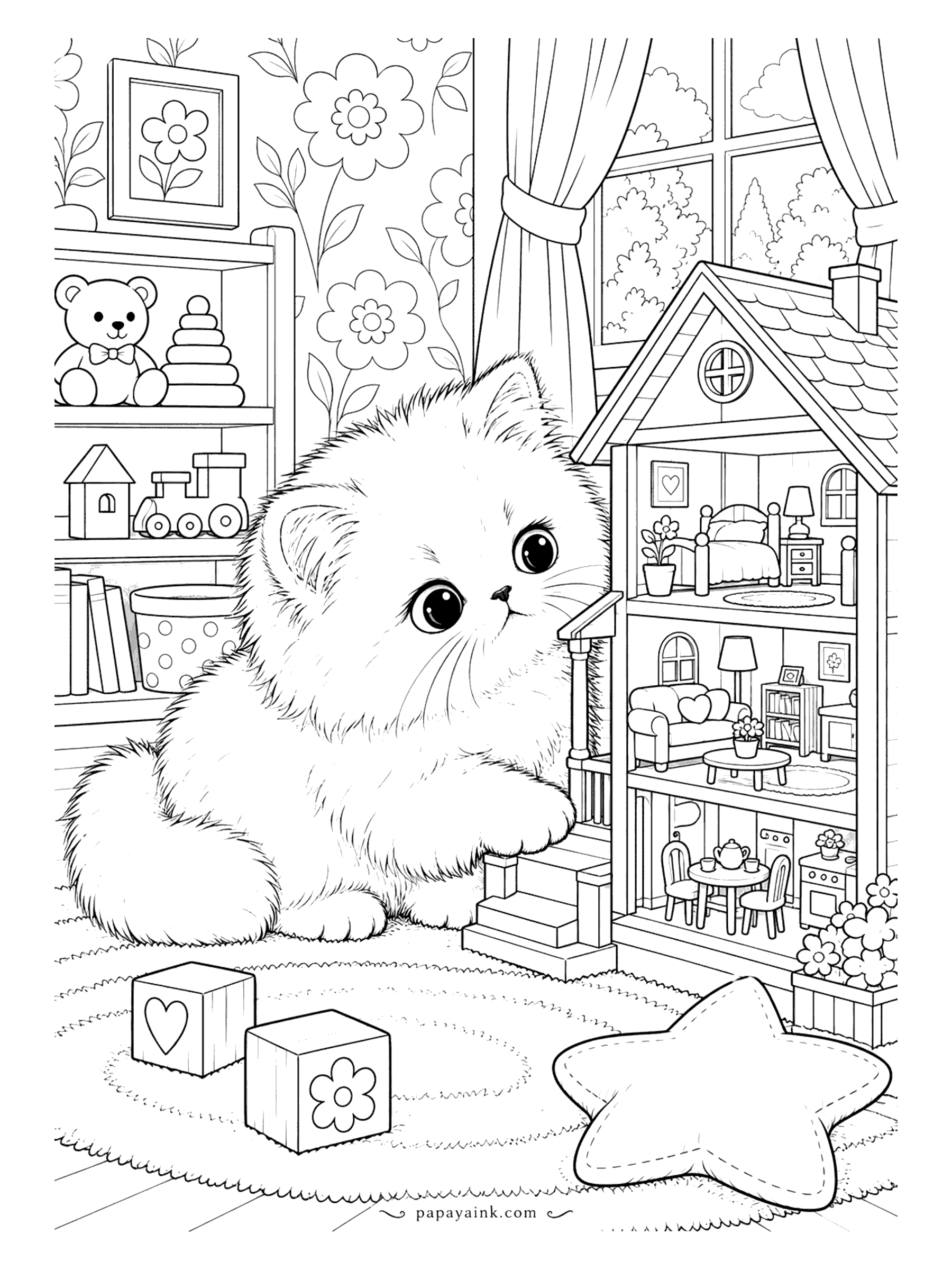Kitten Coloring Pages - The dollhouse is open, and the Persian kitten is clearly measuring whether it fits. Three floors: a bedroom, a sitting room and a kitchen set for tea, with blocks and a star cushion on the rug. Tiny furniture, so sharpen the pencils for this one.