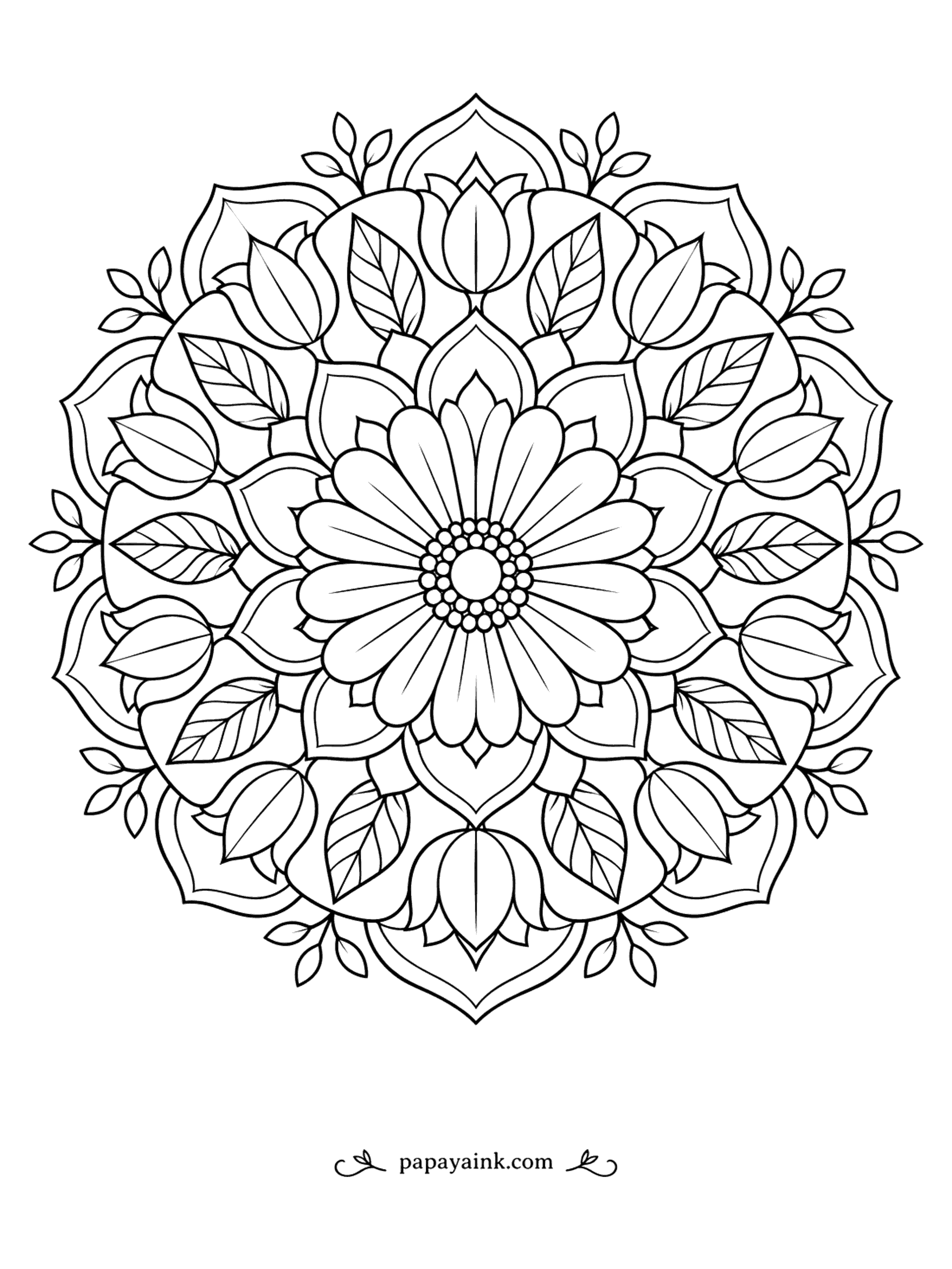 Flower Coloring Pages - Petal rings, leaf rings and a flower at the heart - this mandala builds outward in layers, each repeating around the circle. Try warm colors at the center cooling to blues and greens at the rim.